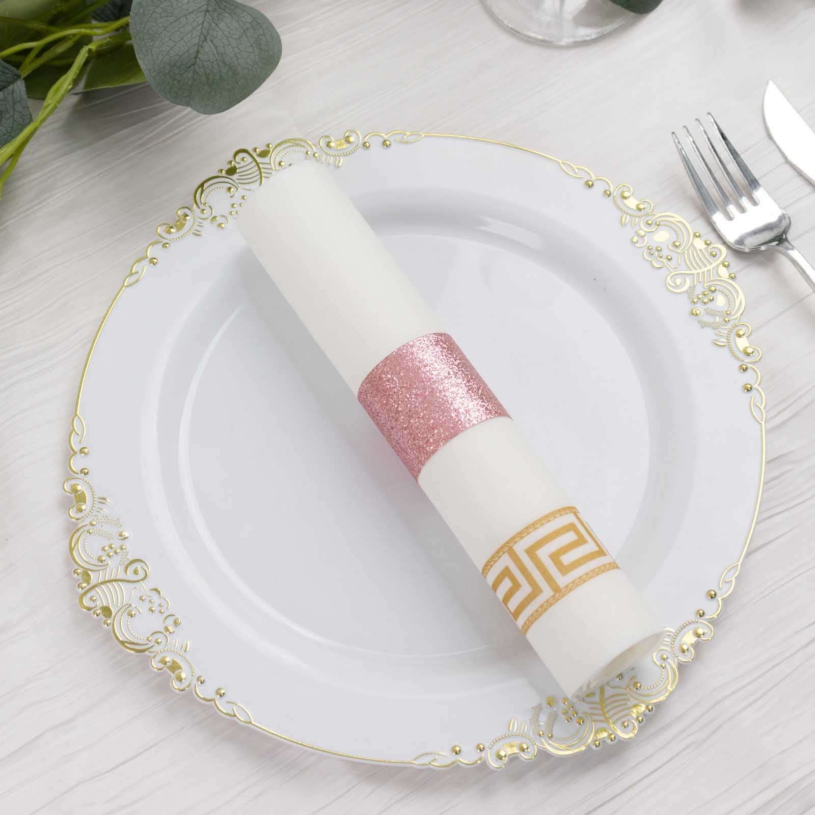 50-Pack Paper Napkin Rings Rose Gold Glitter - Stylish Disposable Napkin Holders 1.5