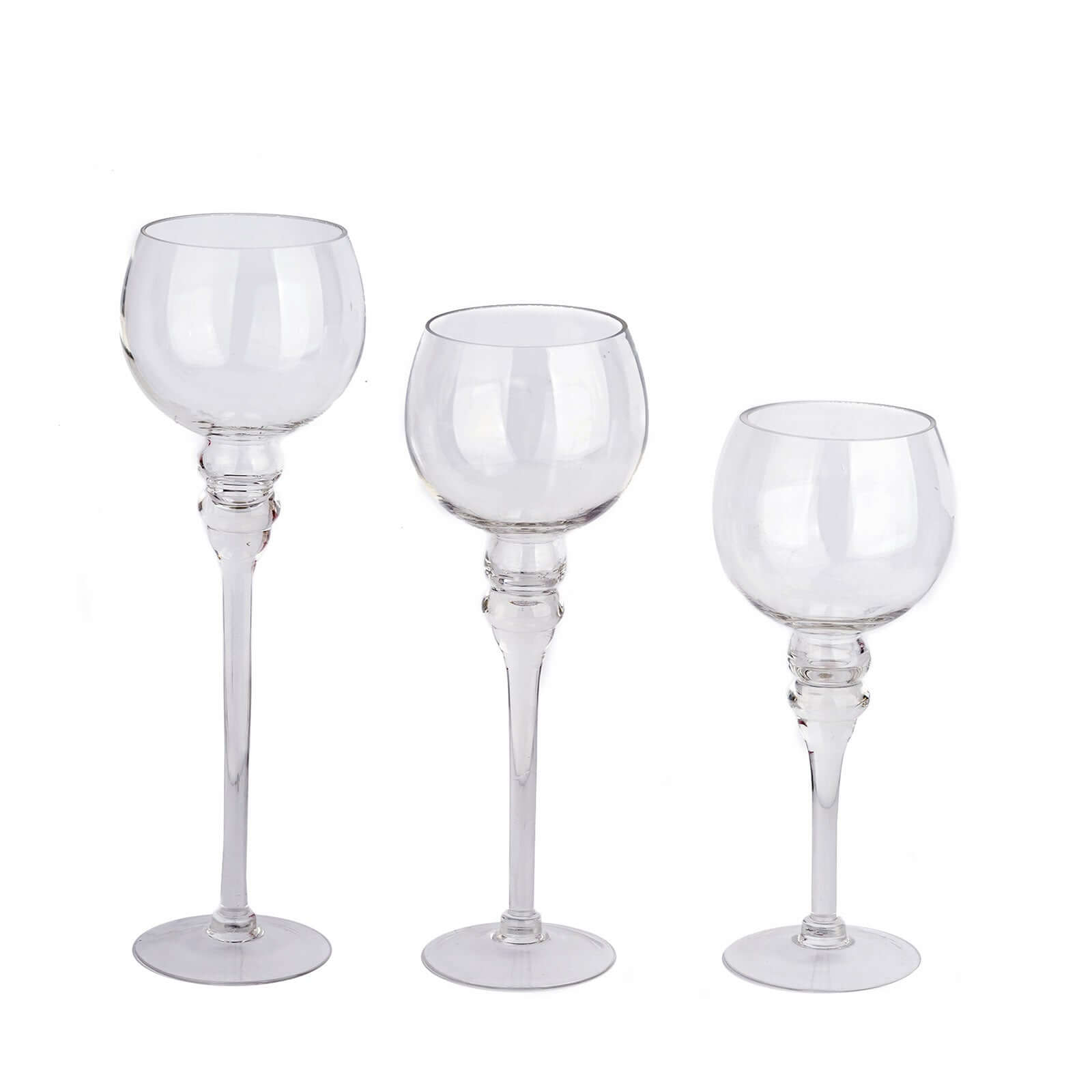 Set of 3 Glass Globe Vases Long Stem Clear - Stylish Candle Holder Floral Centerpieces 12, 14, 16