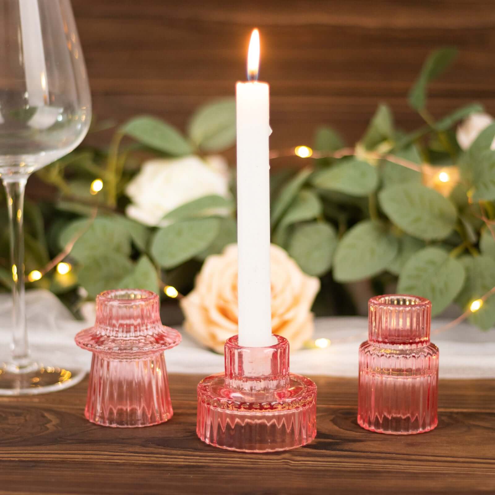 Set of 6 Glass Taper Candle Holders Ribbed Crystal Design Pink - Reversible Mini Votive Tealight Stands 3