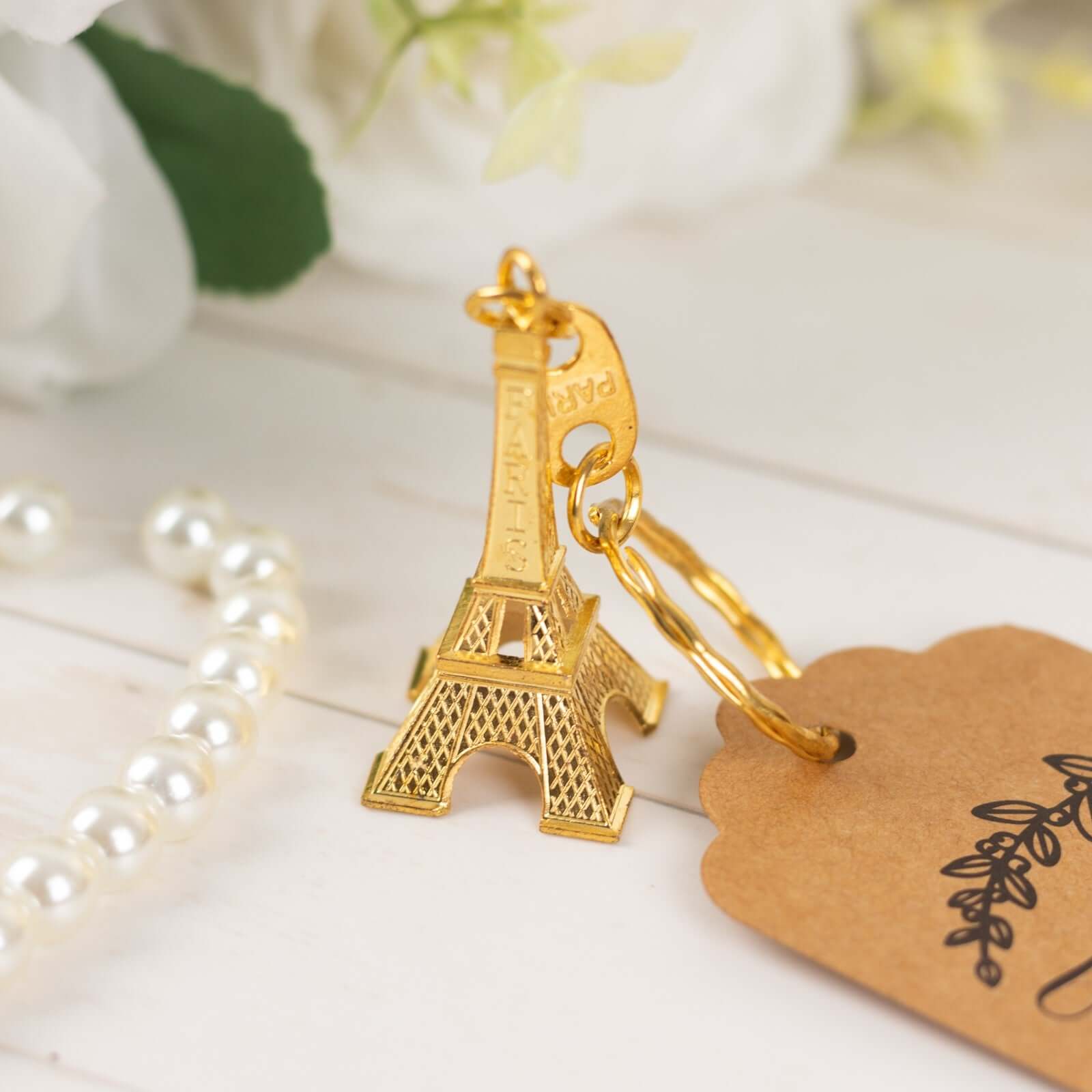 10 Pack Gold Plastic Paris Eiffel Tower Keychain Wedding Favors, 4 Bridal Shower Party Souvenirs With Thank You Tag