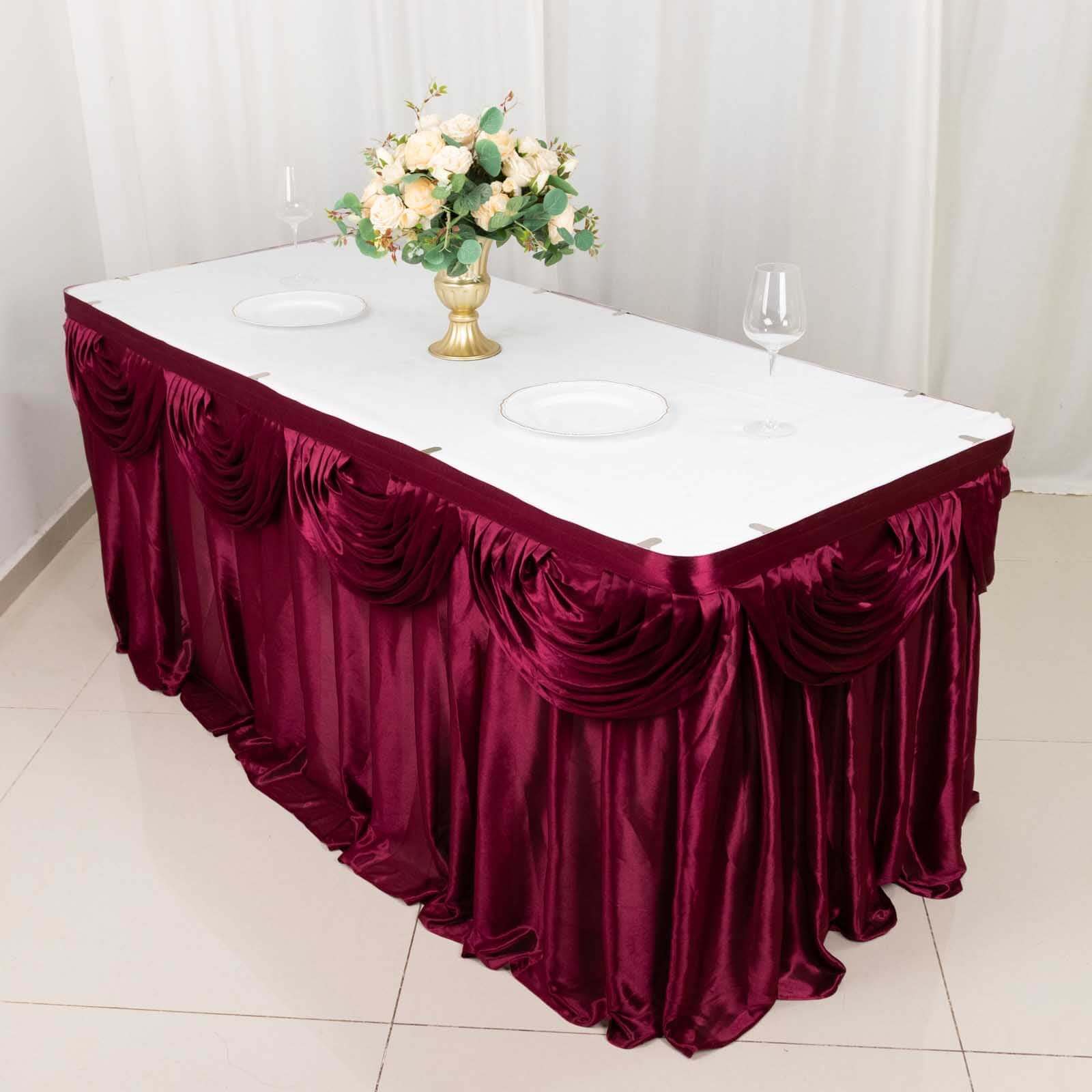 Satin 14ft Table Skirt Burgundy - Pleated Double Drape Table Cover