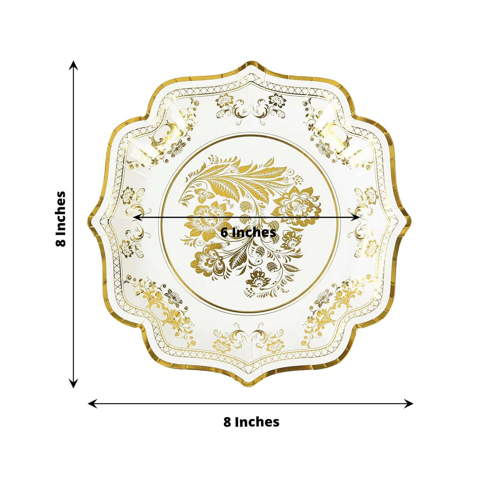 25-Pack Paper Dessert Plates in White with Gold French Toile Print & Scallop Rim - Stylish Disposable 300GSM Floral Salad Appetizer Plates for Weddings & Events 8