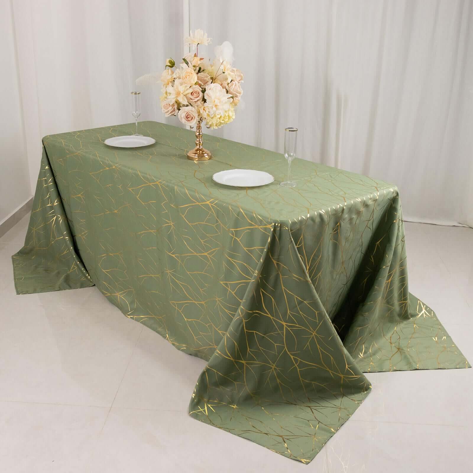 Polyester 90x132 Rectangle Tablecloth Dusty Sage Green with Gold Foil Tree Branch Pattern - Wrinkle-Resistant Seamless Table Cover