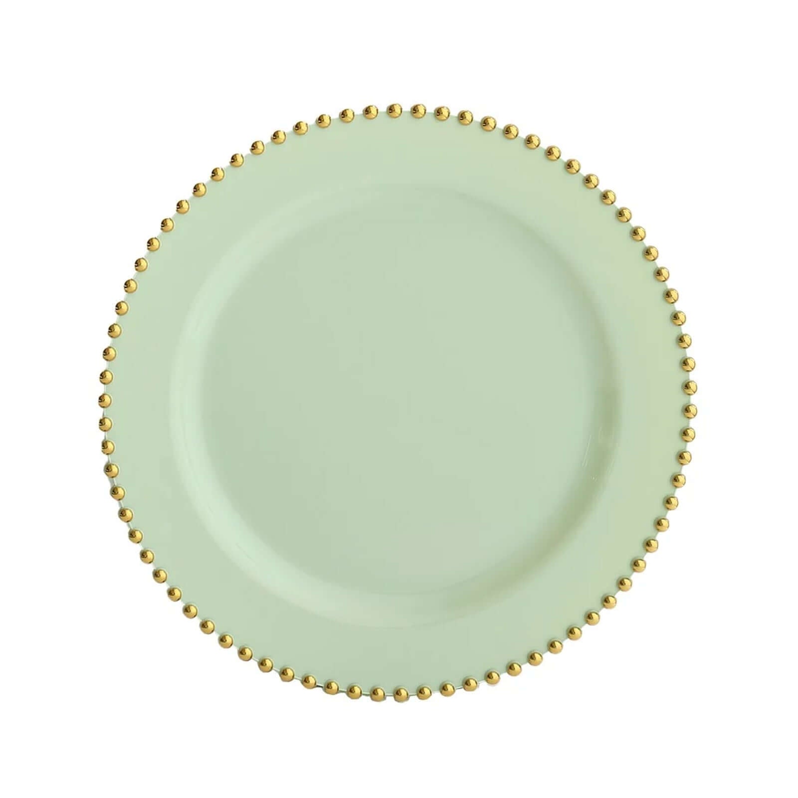 10-Pack Plastic 10 Round Dinner Plates in Sage Green with Gold Beaded Rim - Disposable Party Plates