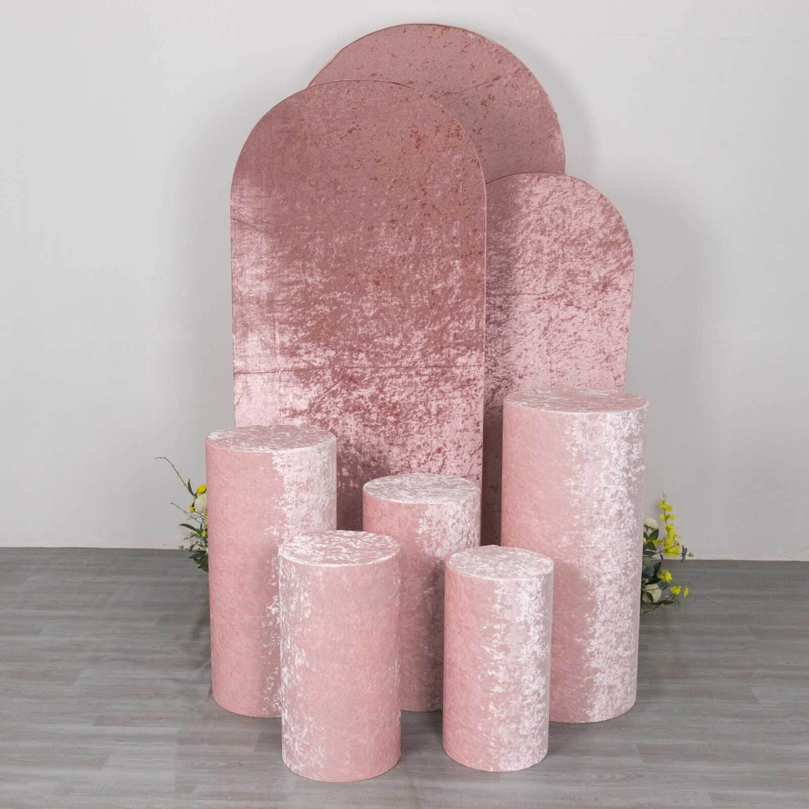 Set of 5 Blush Crushed Velvet Cylinder Pedestal Stand Covers, Premium Pillar Prop Covers