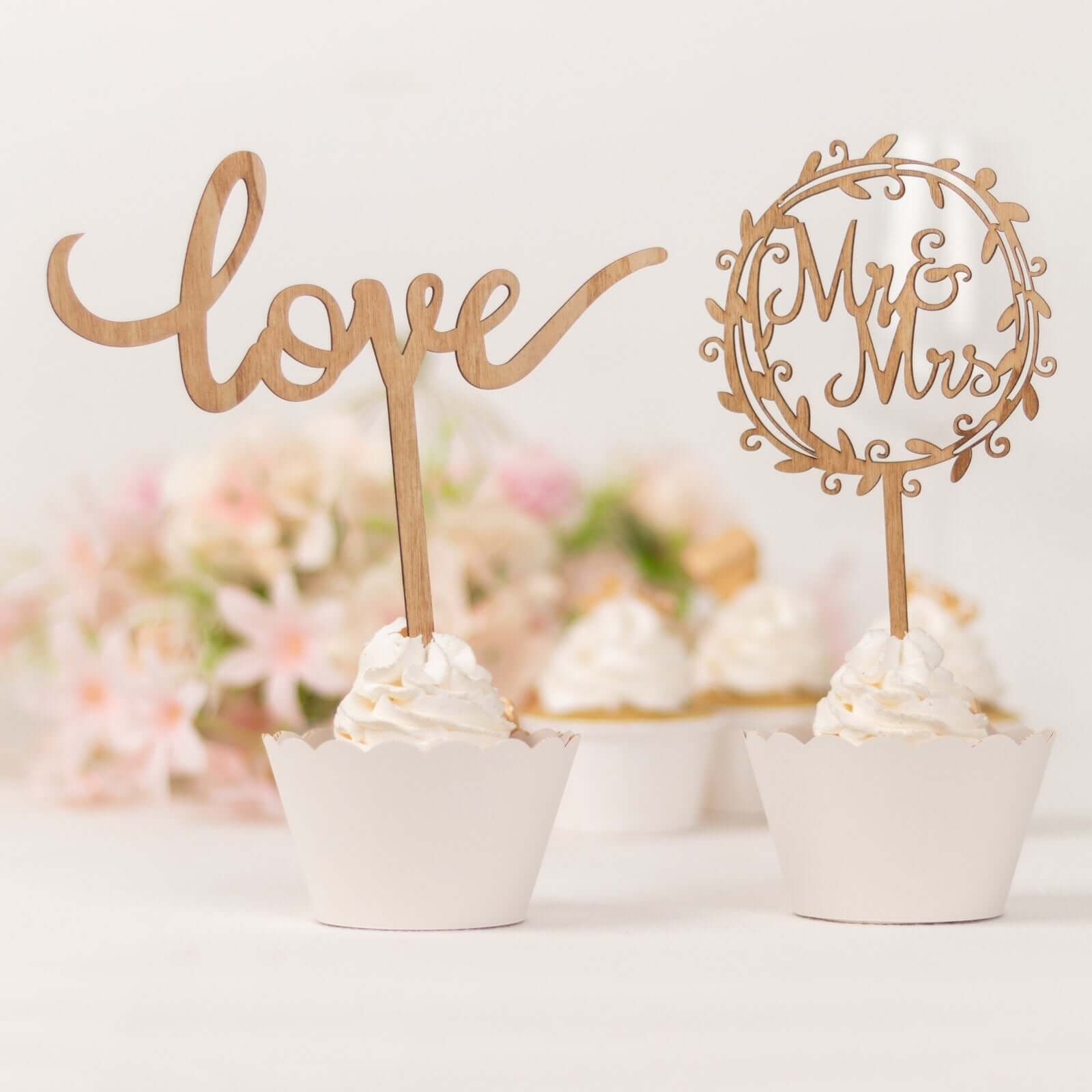 Set of 2 Wooden Cake Toppers Mr & Mrs and Love Design Natural - Rustic Wedding Cupcake Decorations