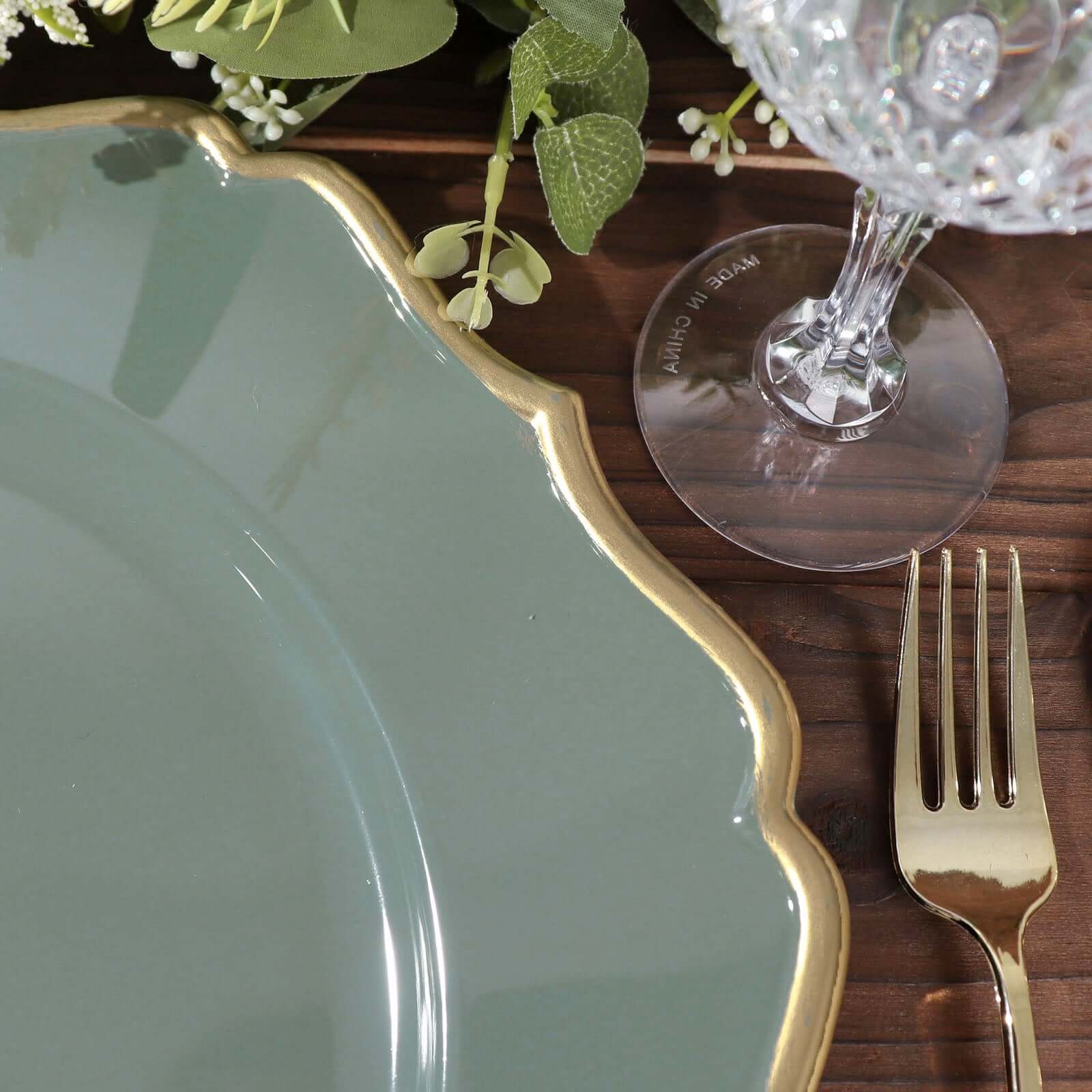 6-Pack Acrylic Round Charger Plates 13 in Olive Green with Gold Scalloped Rim, Decorative Dinner Party Plastic Charger Tableware