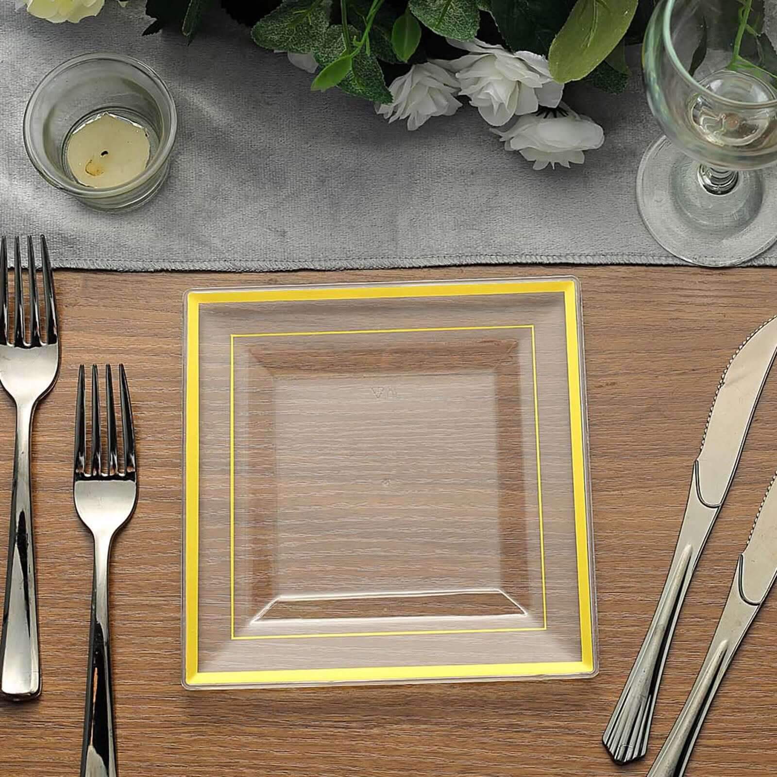 10-Pack Plastic Salad Dessert Plates Clear Square with Gold Trim - Durable Disposable Appetizer Plates 7