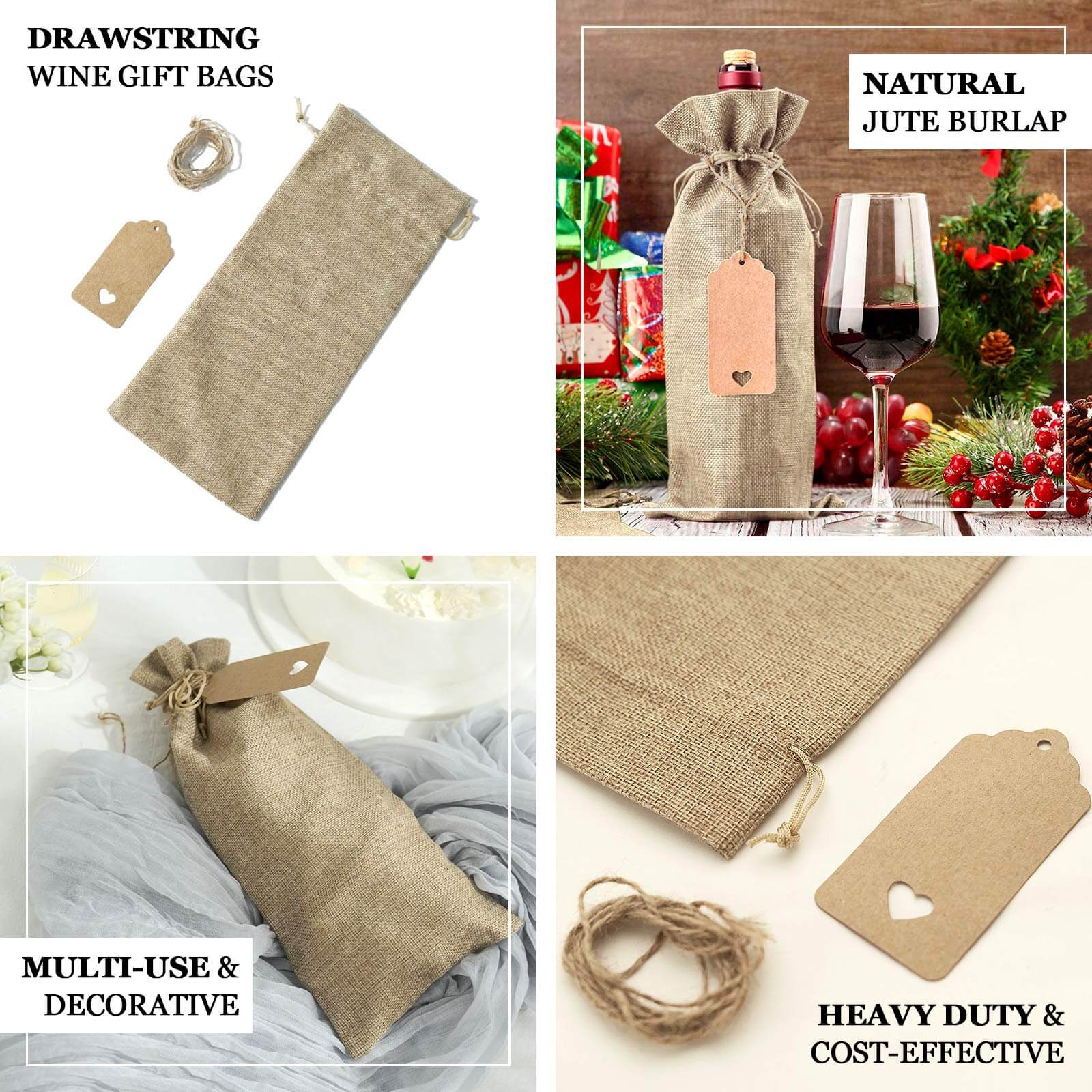 10 Pack Natural Faux Burlap 6x14 Reusable Wine Gift Favor Bags Party, Wedding Wine Bottle Covers With Drawstring, Tags and Jute Rope