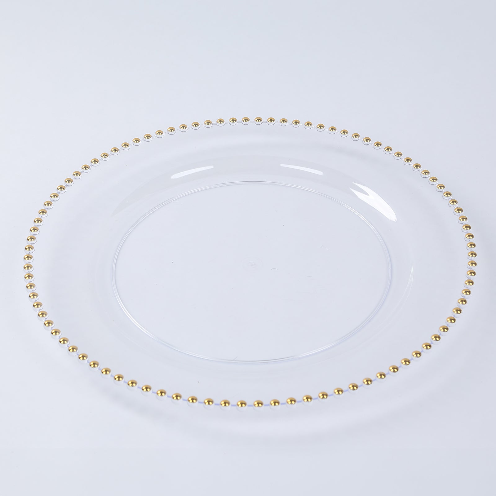 10-Pack Economy Round Plastic Charger Plates 13 in Clear with Gold Beaded Rim, Stylish Dinner Party Serving Plates