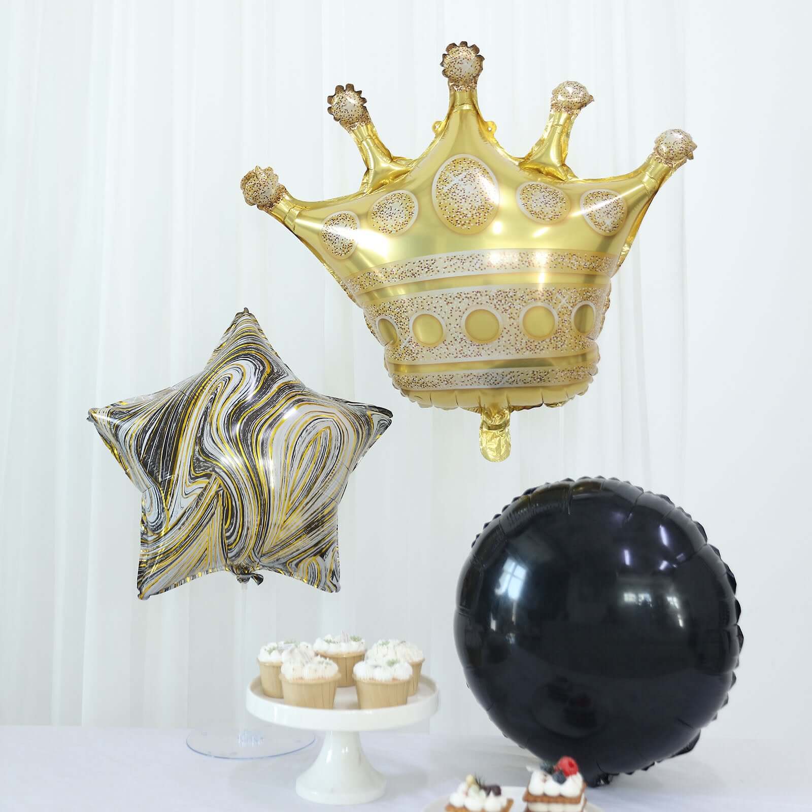 Set of 6 Gold Black Marble Mylar Foil Party Balloon Set, Star, Round and Crown Balloon Bouquet With Ribbon, Party Decorations