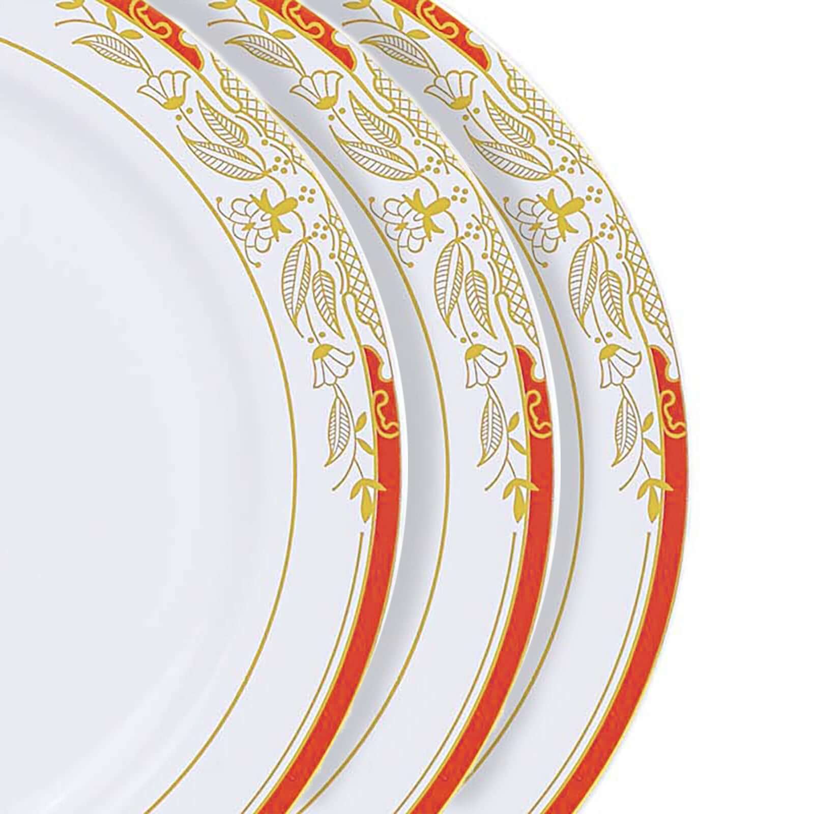 10-Pack Plastic 8 Round Dessert Plates in White with Red Rim - Stylish Gold Vine Design Disposable Salad/Appetizer Plates for Special Occasions & Celebrations