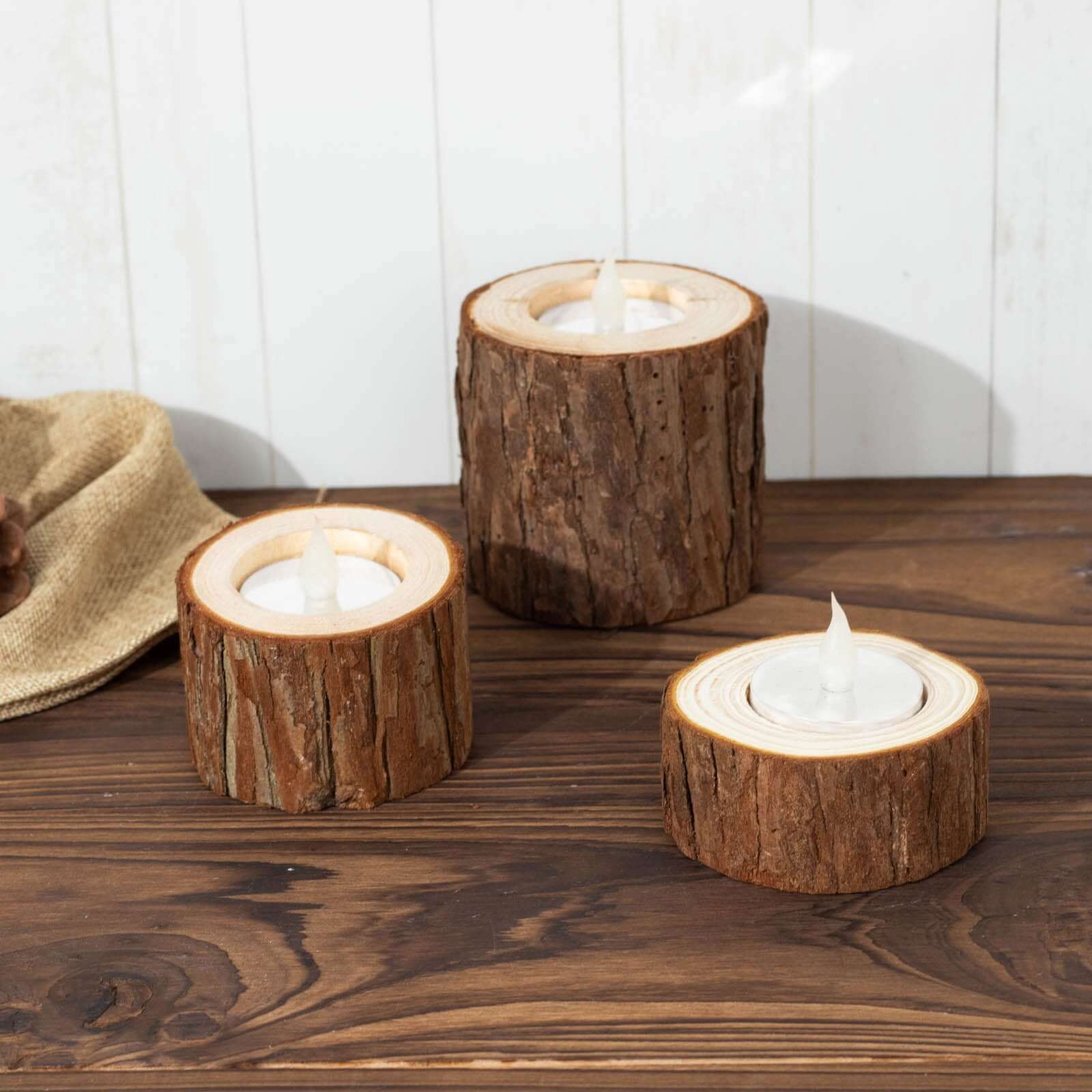 Set of 3 Rustic Wood Slice Votive Candle Holders - Tree Branch Wedding Table Décor 2.75, 1.5, 1.25