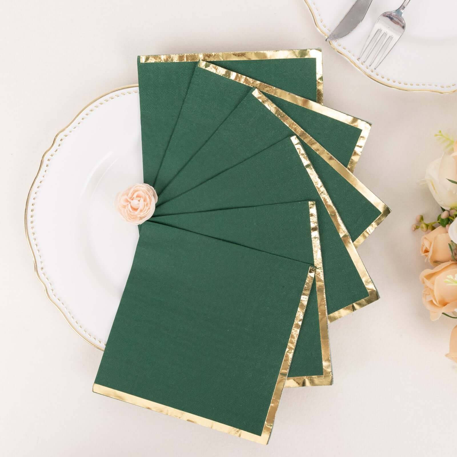 50-Pack Paper Beverage Napkins with Gold Foil Edge Hunter Emerald Green - Disposable 2 Ply Cocktail Napkins for Events 6.5x6.5