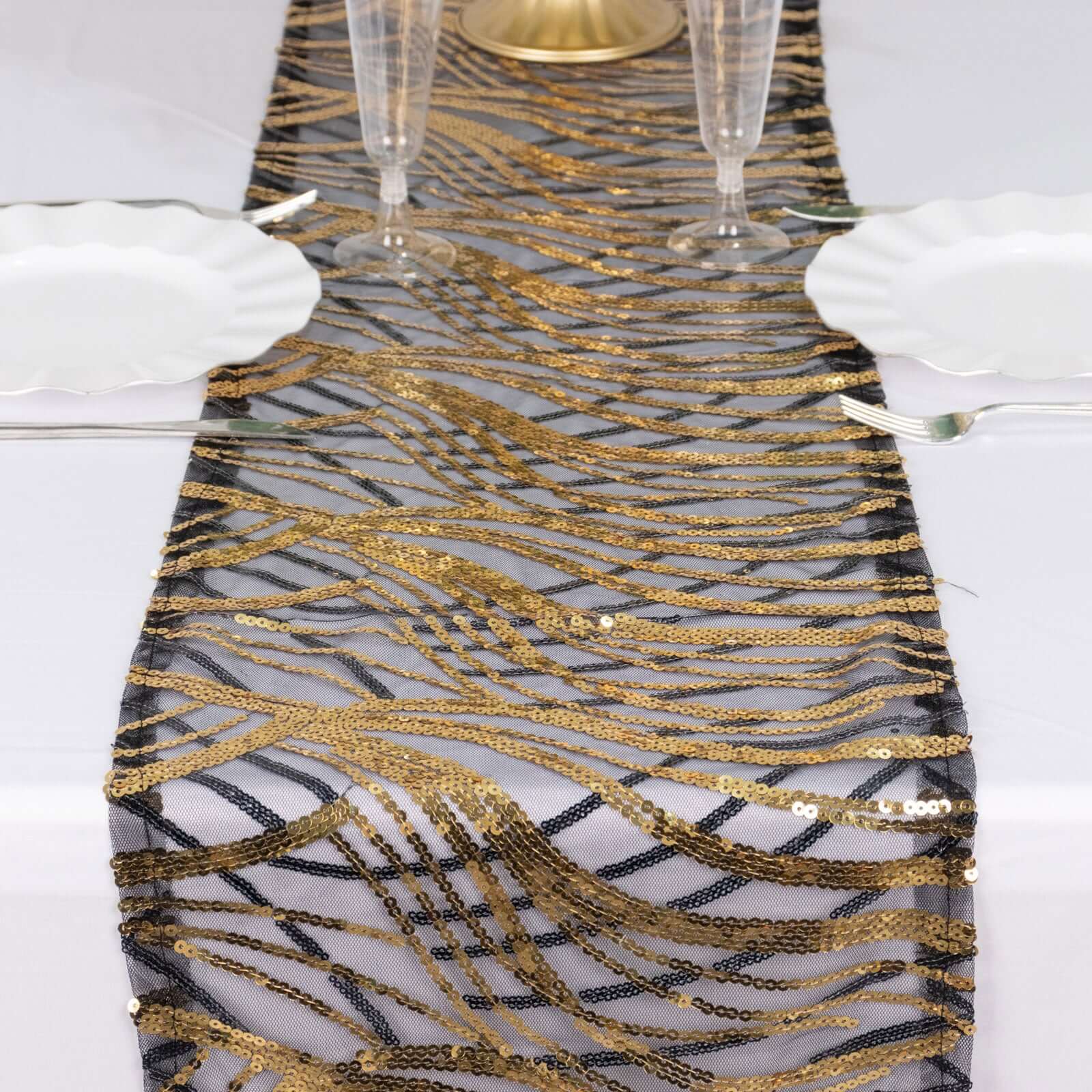 Sequin Mesh 12x108 Table Runner Black Gold Stylish Wave Embroidery