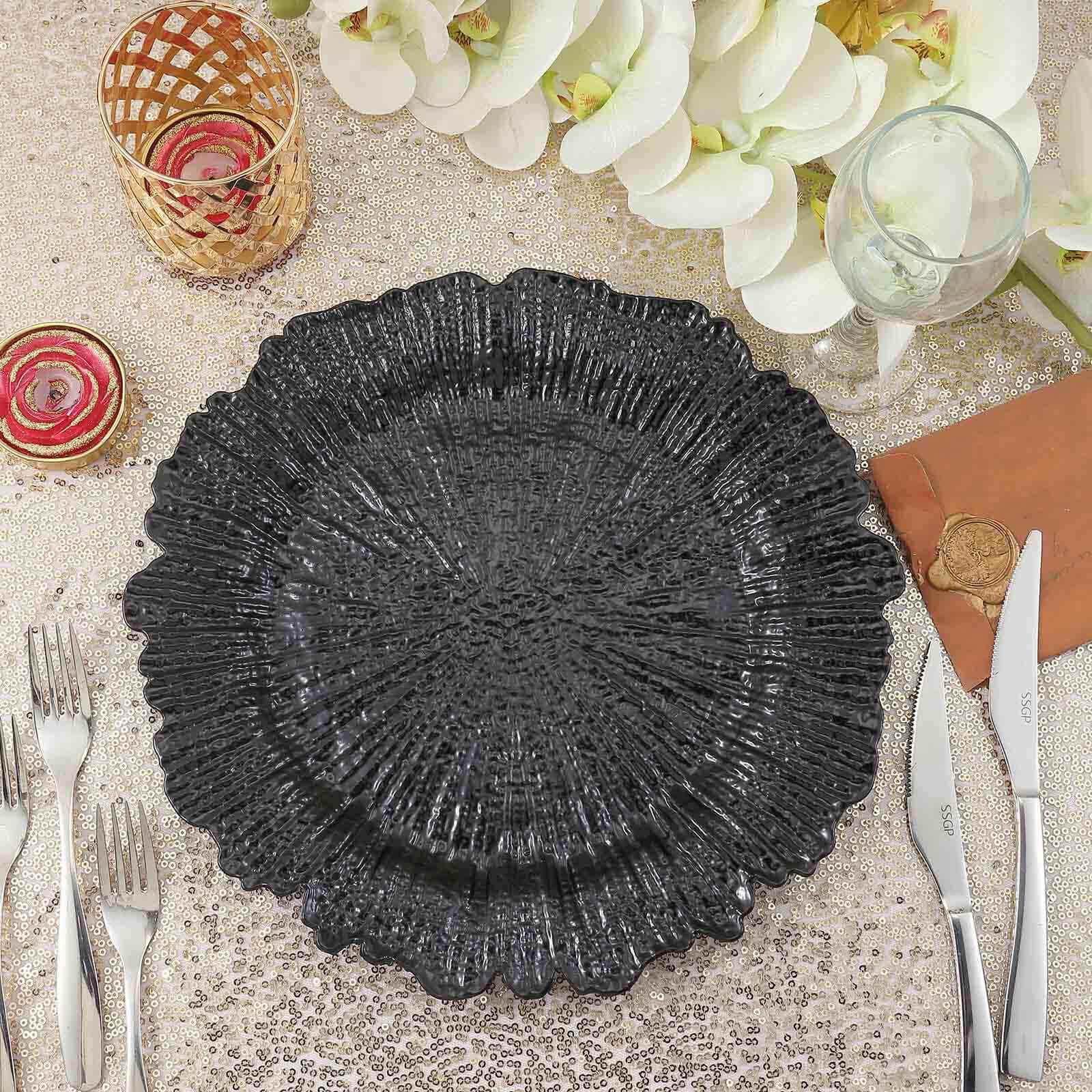 6-Pack Acrylic Plastic Round Charger Plates 13 in Black with Reef Design, Dinner Charger Tableware