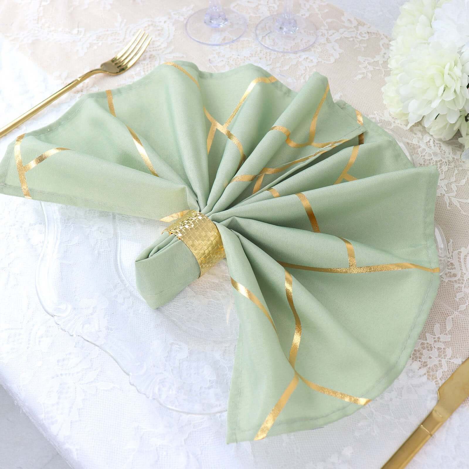 5 Pack Polyester 20x20 Napkins Sage Green with Gold Geometric Foil Pattern - Modern Reusable Dinner Napkins