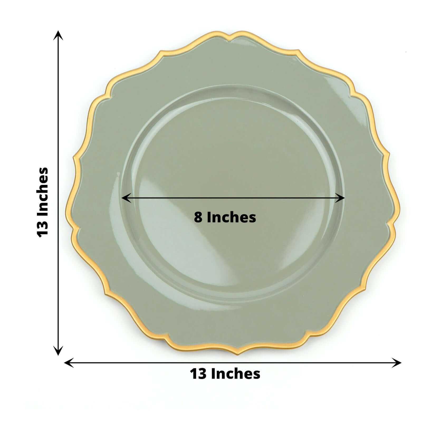 6-Pack Acrylic Round Charger Plates 13 in Dusty Sage Green with Gold Scalloped Rim, Decorative Dinner Party Plastic Charger Tableware