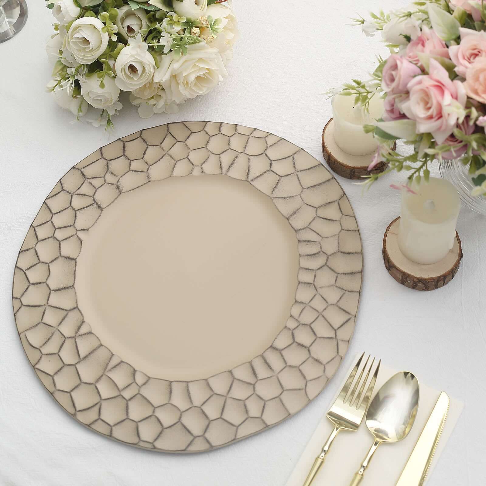 6-Pack Round Charger Plates 13 in Taupe with Hammered Rim, Matte Finish Modern Dinner Charger Tableware