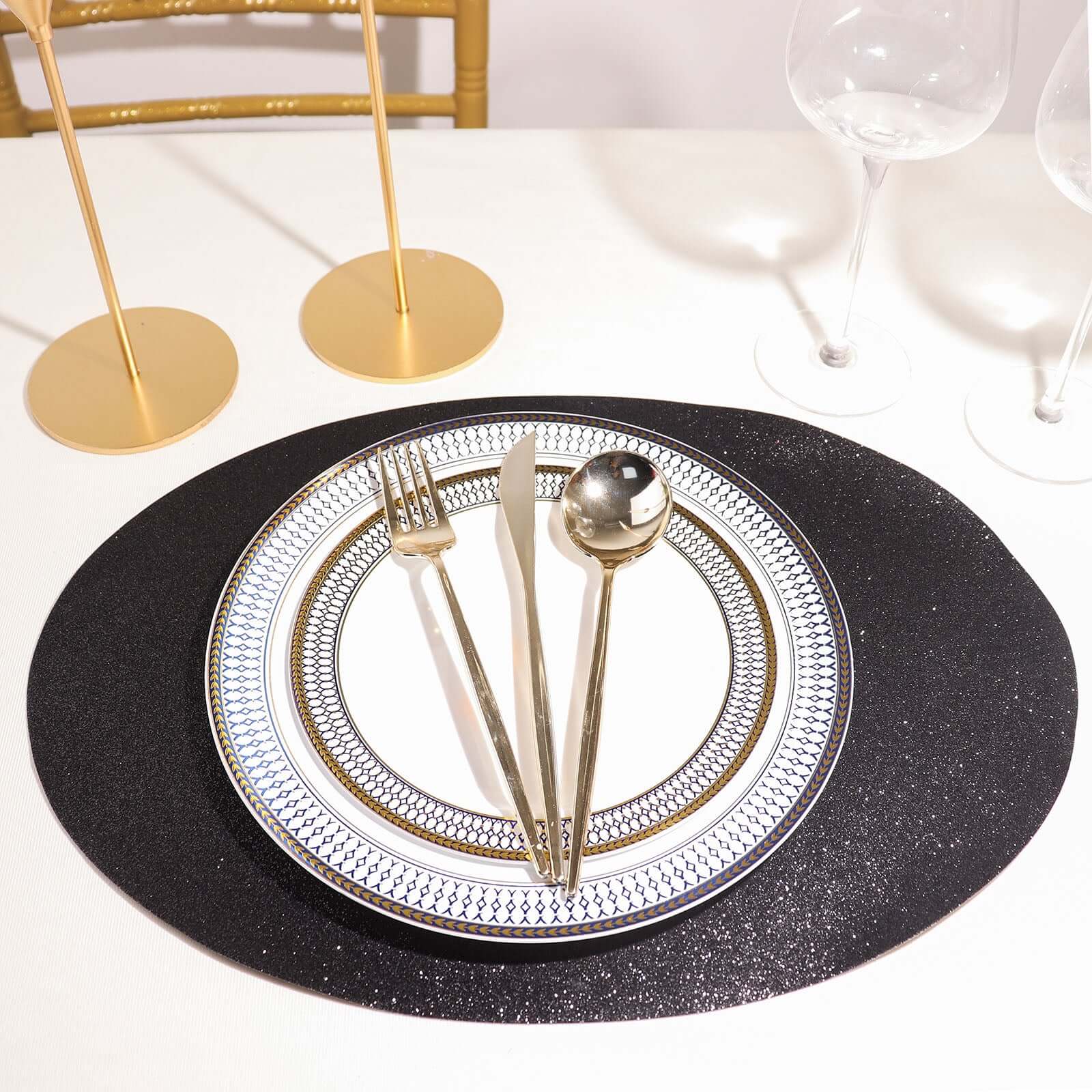 6-Pack Placemats Glitter Design Black Sparkle Oval - Non-Slip Decorative Table Mats for Dining 12x18