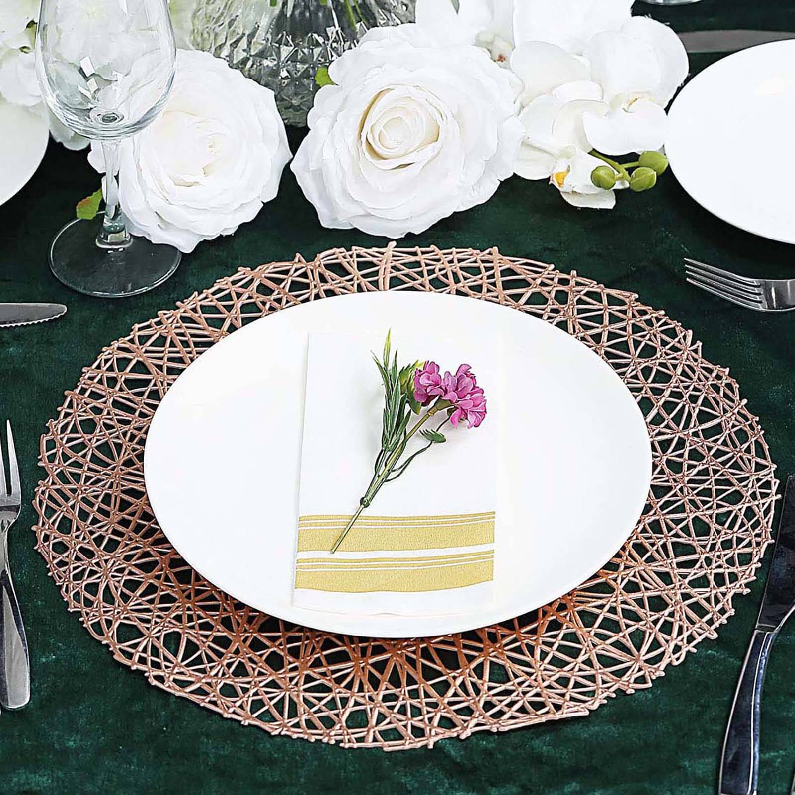 6-Pack Vinyl Placemats Rose Gold Woven Design - Durable Non-Slip Round Table Mats for Dining 15