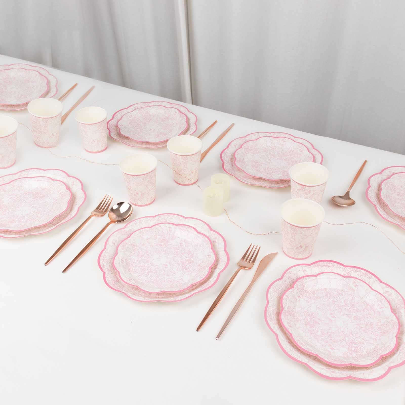 75 Pcs Paper Plates and Cups Set in White with Pink Vintage Floral Print - Disposable Party Supplies Kit for Baby Showers & Floral Themed Events