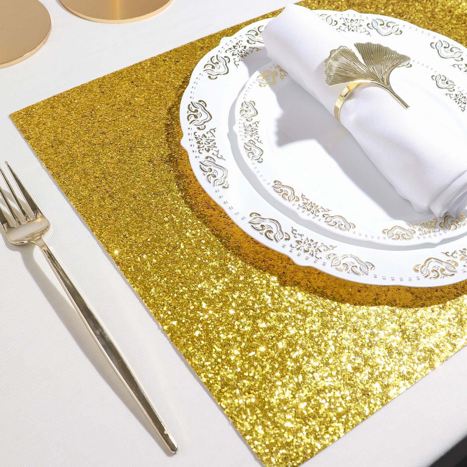 6-Pack Placemats Glitter Design Gold Sparkle Rectangle - Non-Slip Decorative Dining Table Mats 12x18