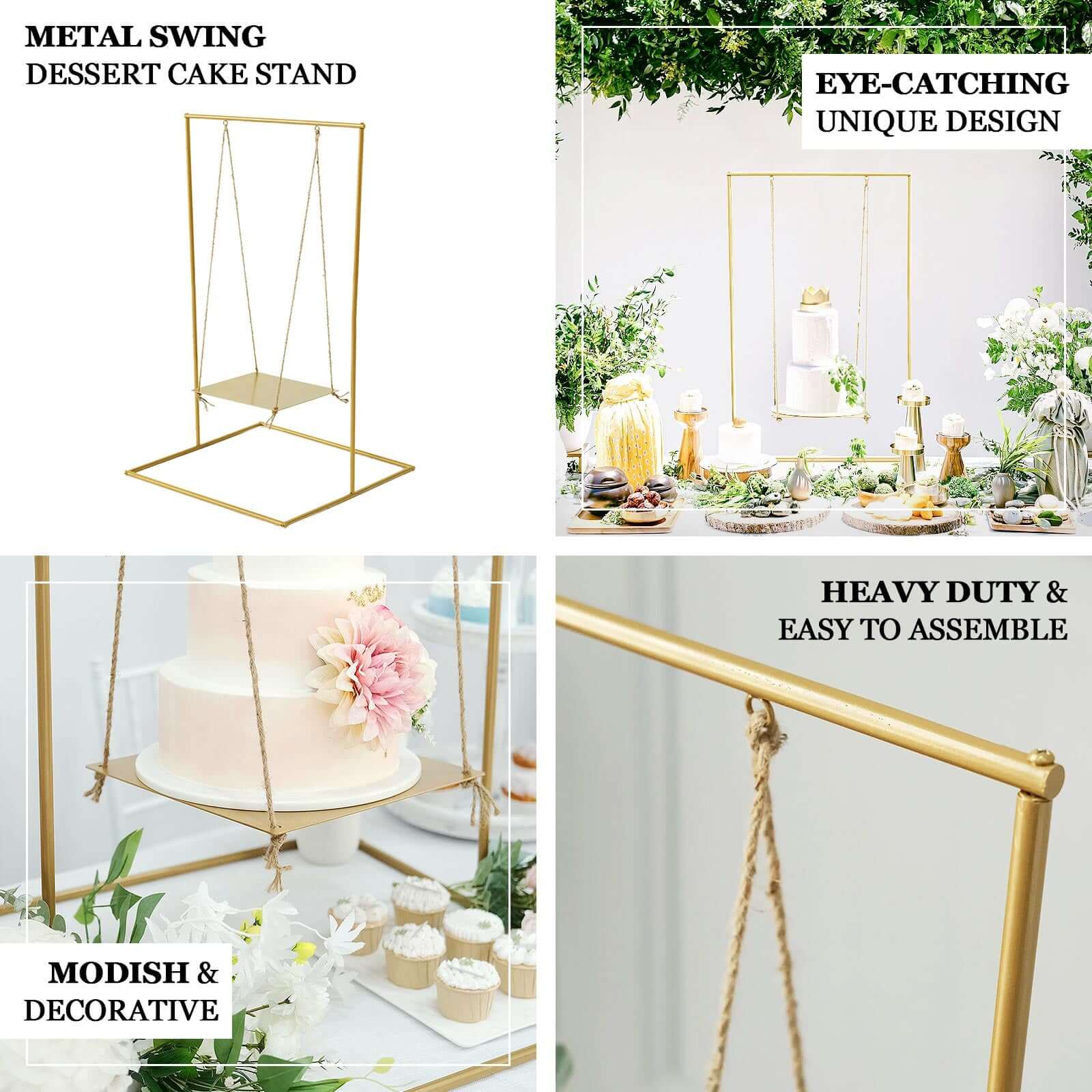 Metal Cake Swing Stand with Jute Rope Gold - Chic Hanging Dessert Display Centerpiece for Upscale Event Table Decor 3ft Tall