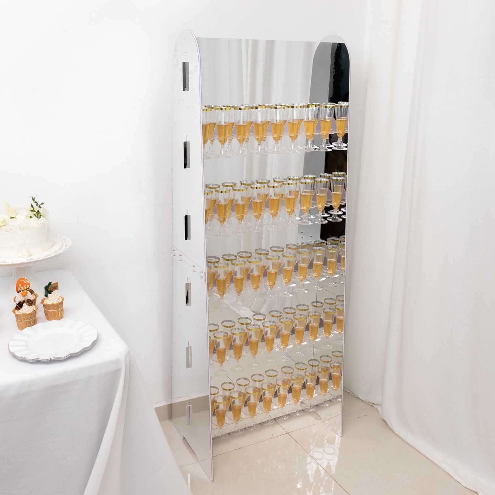 5-Tier Champagne Wall Glass Holder in Silver Mirror Finish, 40 Stemware Rack Cocktail Display Drink Organizer for Classy Events & Banquets 5ft