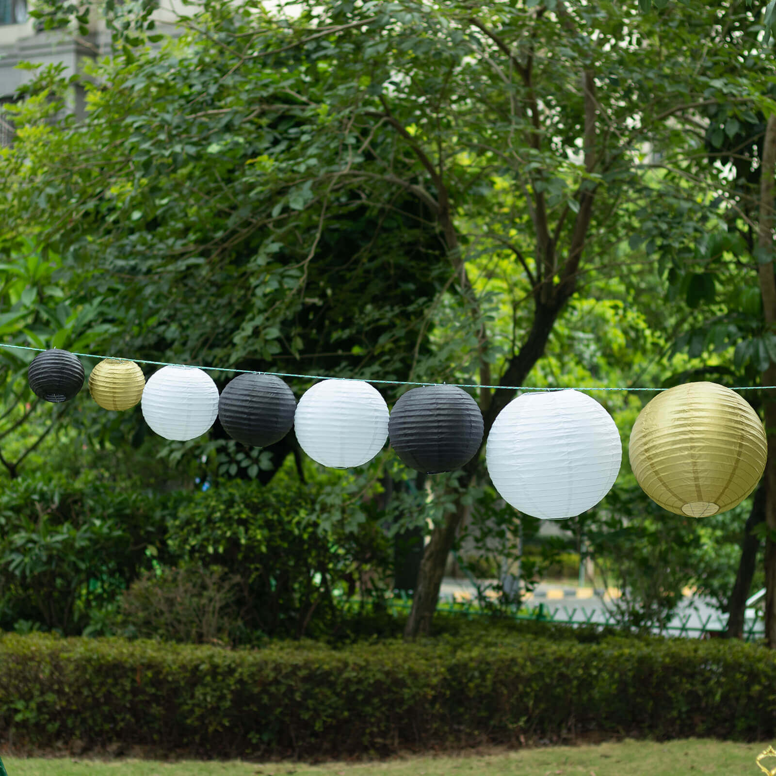 Set of 8 Mixed Black Gold Hanging Paper Lanterns, Decorative Round Chinese Sky Lanterns, Assorted Sizes - 6,8,10,14