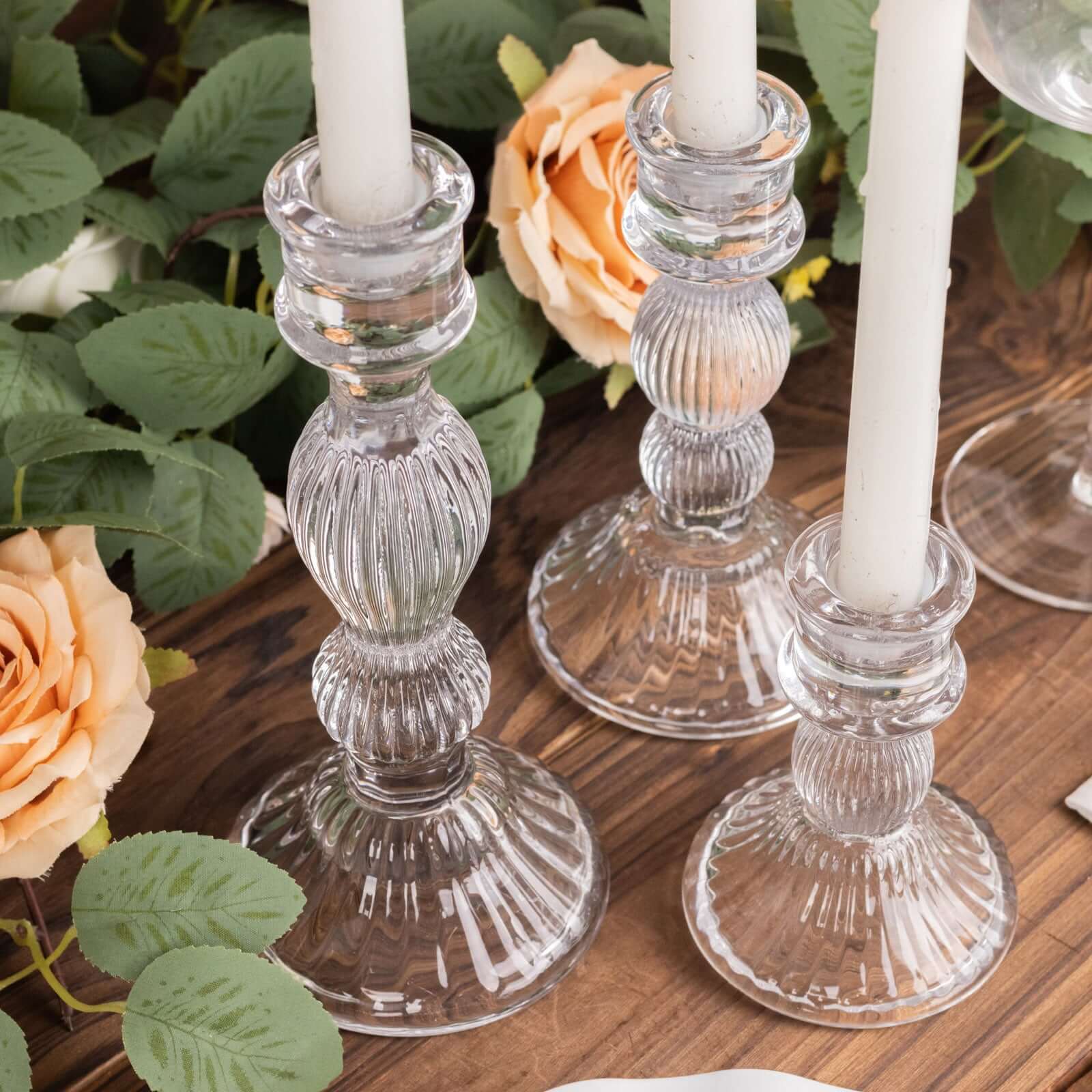 Set of 3 Glass Taper Candle Holders Fluted Design Clear - Ribbed Crystal Candlestick Stands 4, 6, 8