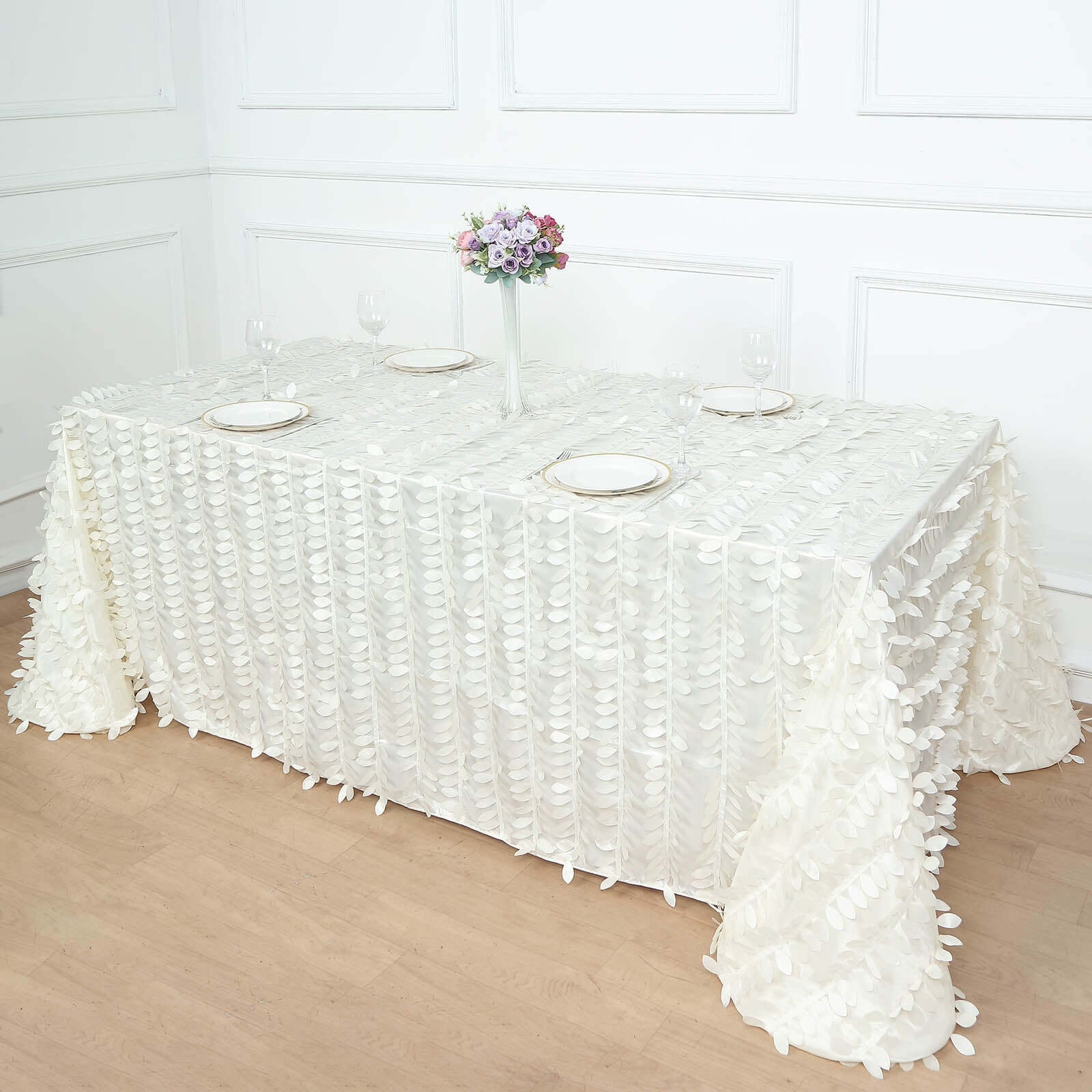 Taffeta 90x132 Rectangle Tablecloth Ivory | 3D Leaf Petal Design Seamless Table Cover