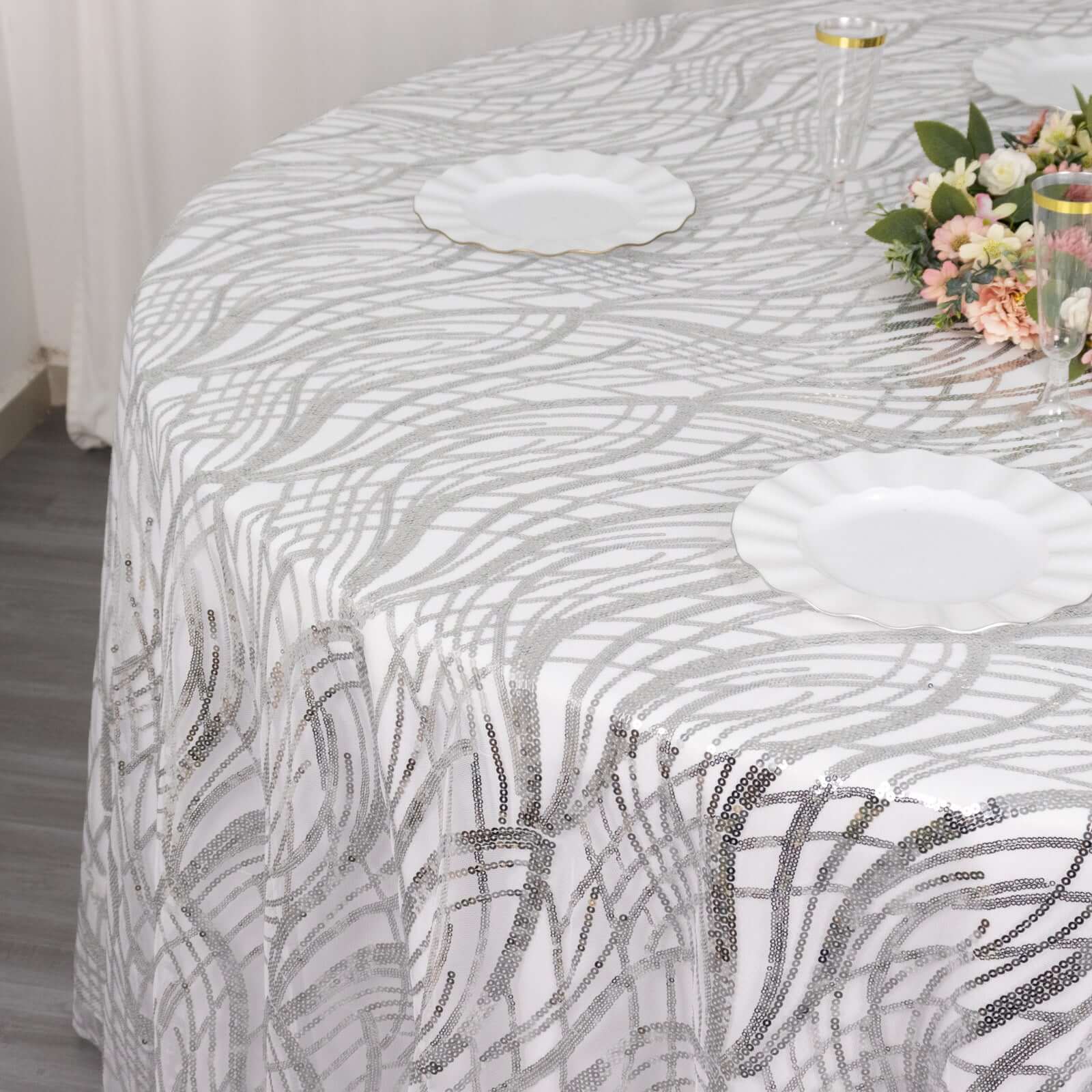 Sequin Mesh 120 Round Tablecloth Silver - Seamless Wave Embroidered Table Cover