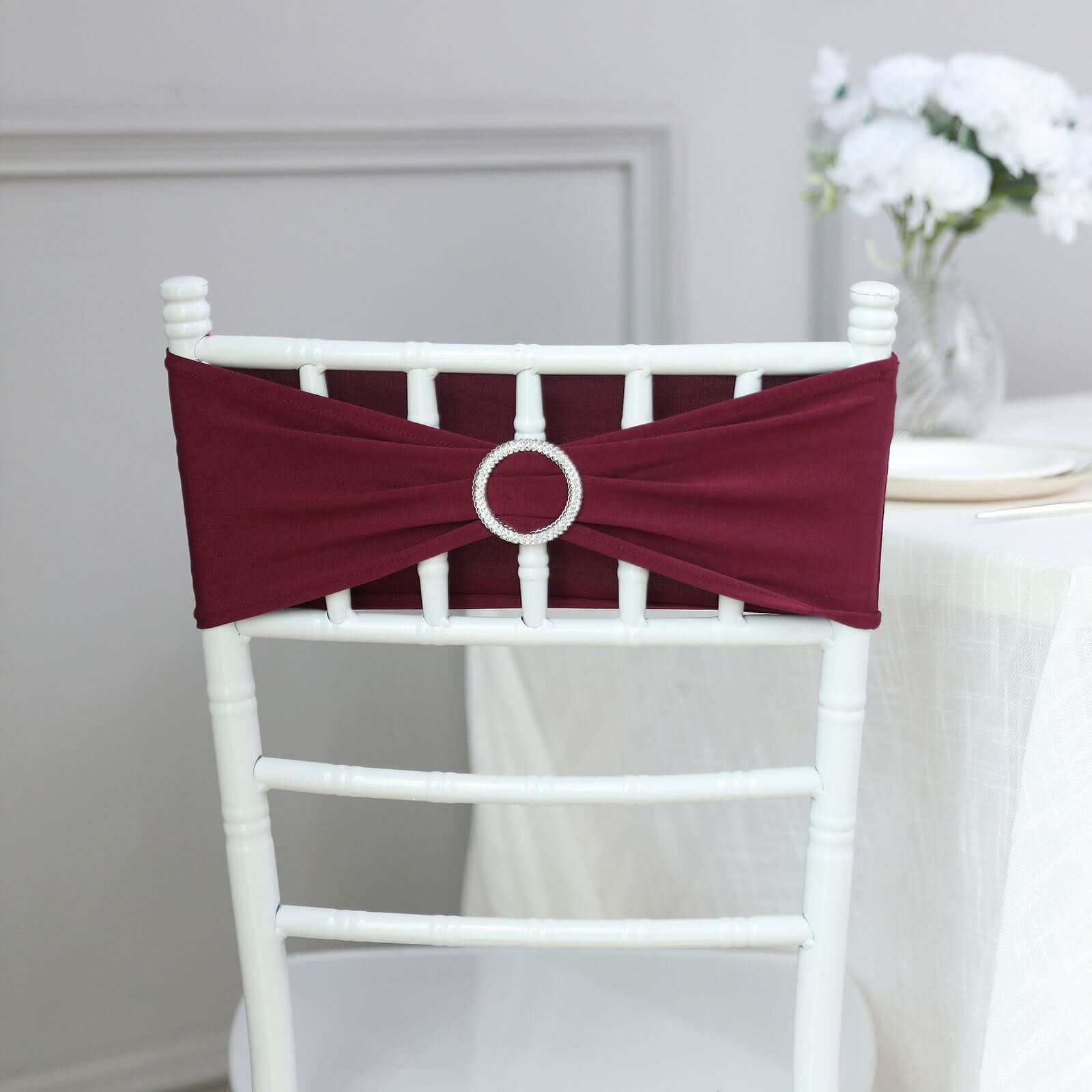 5 Pack Stretch Spandex Chair Sashes Burgundy - Reusable Chair Bands with Silver Diamond Ring Slide Buckle 5x14