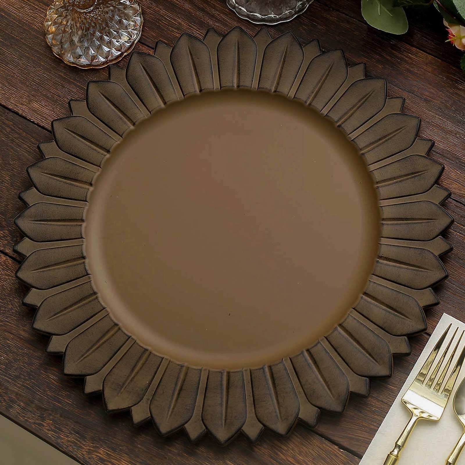 6-Pack Plastic Round Charger Plates 13 in Natural with Sunflower Rim, Matte Finish Disposable Dinner Charger Tableware