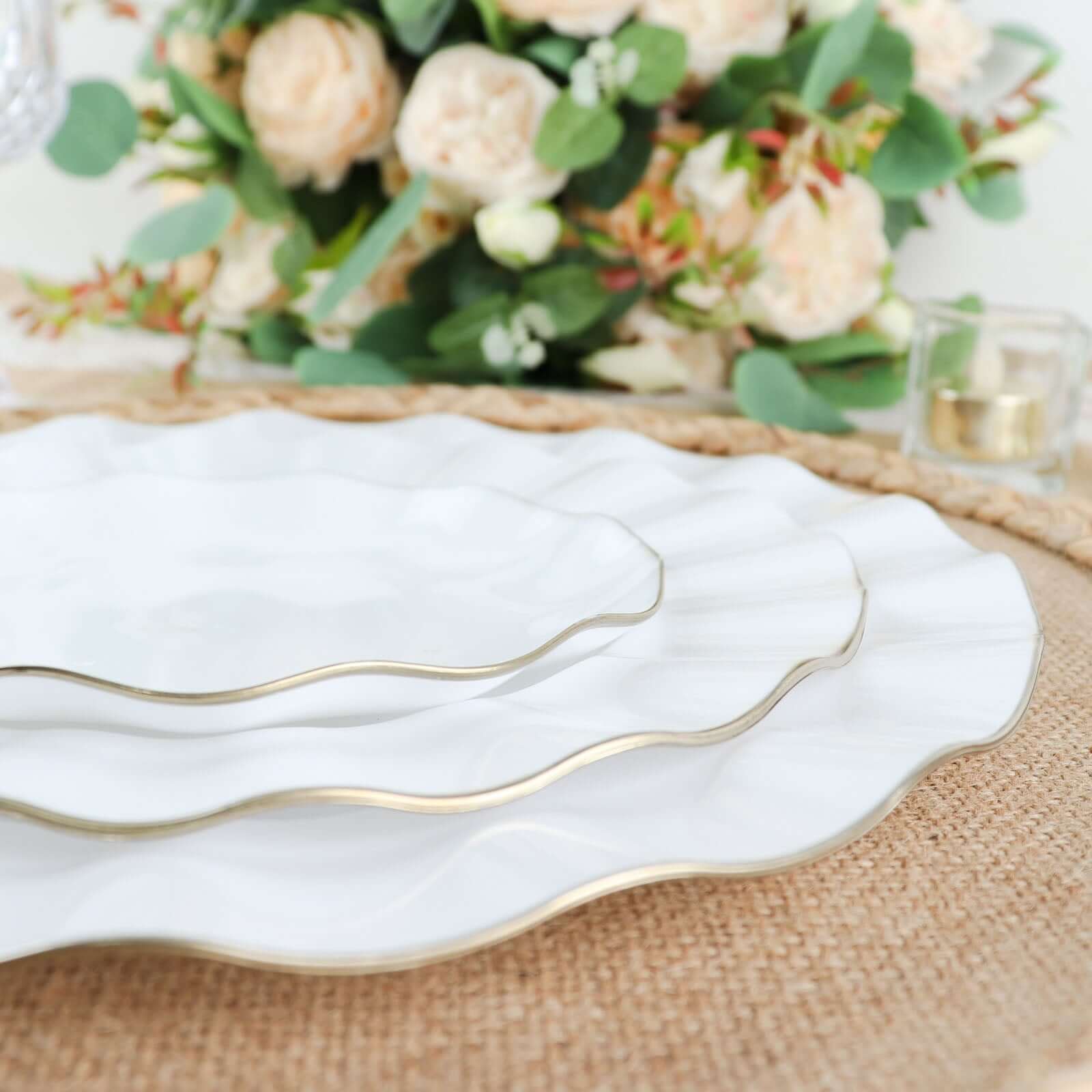 10-Pack Plastic 11 Round Dinner Plates in White Ruffled Rim with Gold Edging - Sturdy Disposable Dinnerware for Classy Events & Banquets