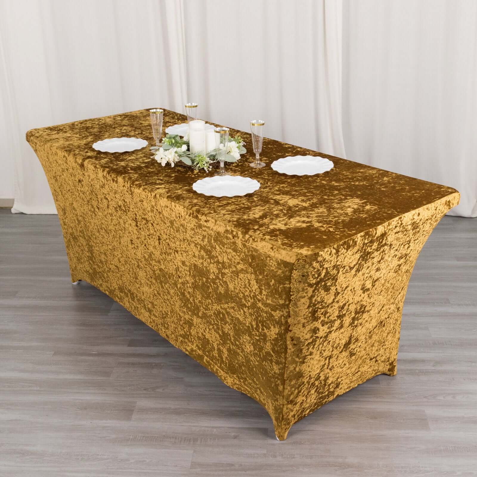 Crushed Velvet Fitted Rectangular 6ft Table Cover Gold - Wrinkle-Free Stretchy Tablecloth