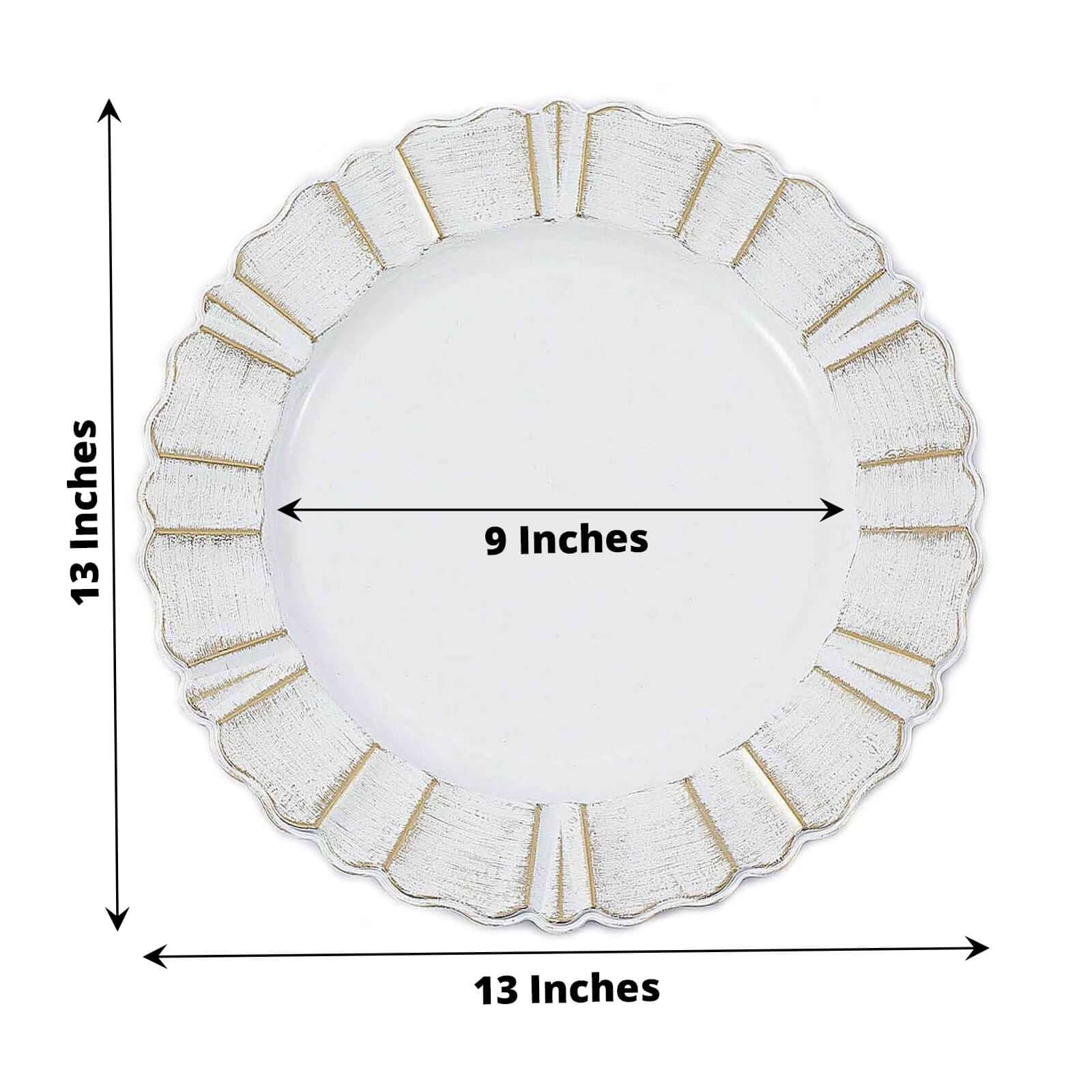 6-Pack Acrylic Plastic Round Charger Plates 13 in White with Gold Brushed Wavy Scalloped Rim, Decorative Dinner Party Charger Tableware