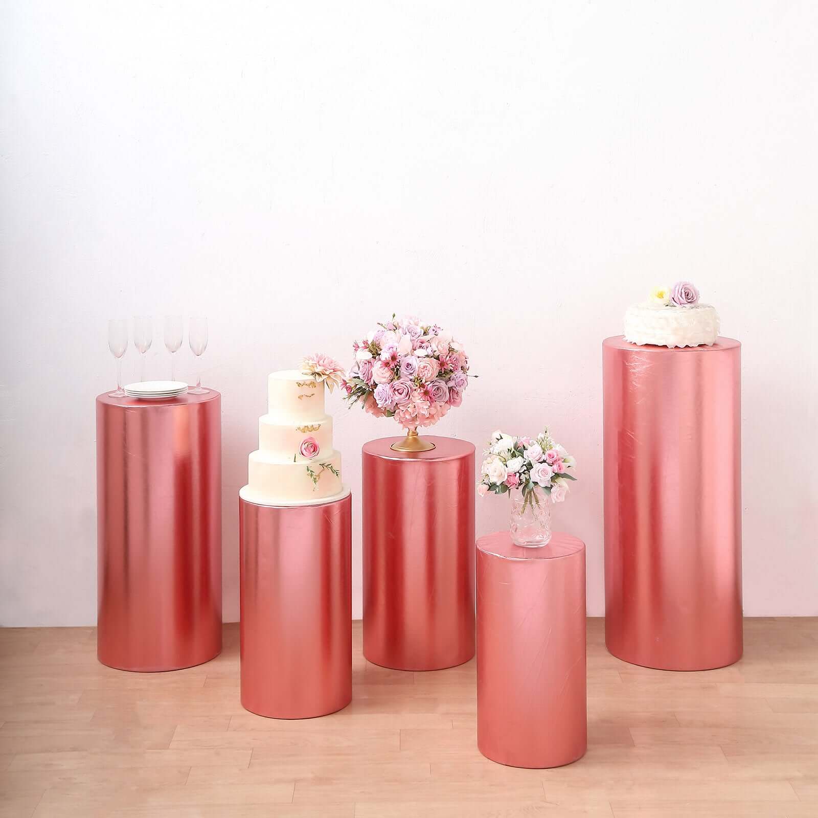 Set of 5 Metallic Rose Gold Spandex Cylinder Pedestal Stand Covers, Shiny Stretchable Pillar Prop Covers - 130 GSM