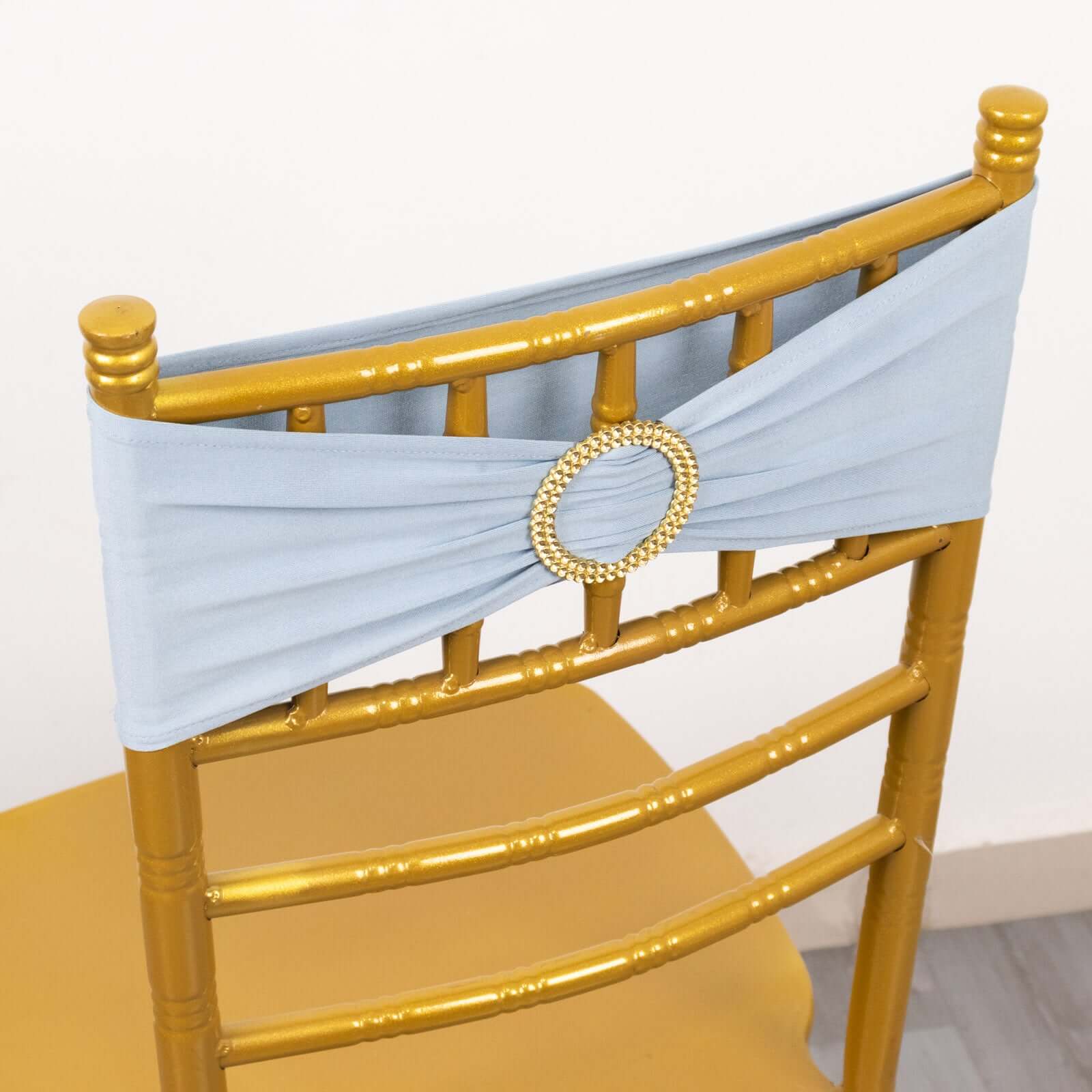 5 Pack Spandex Chair Sashes Dusty Blue with Gold Rhinestone Buckles - Reusable Four-Way Stretch Sash Bands 5x14