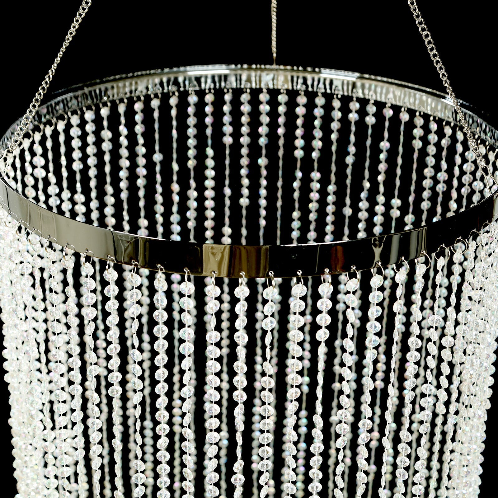 14ft Hanging Beaded Crystal Column Chandelier, Tall Beads Curtain Round with Silver Metal Hoop and Hanging Chain