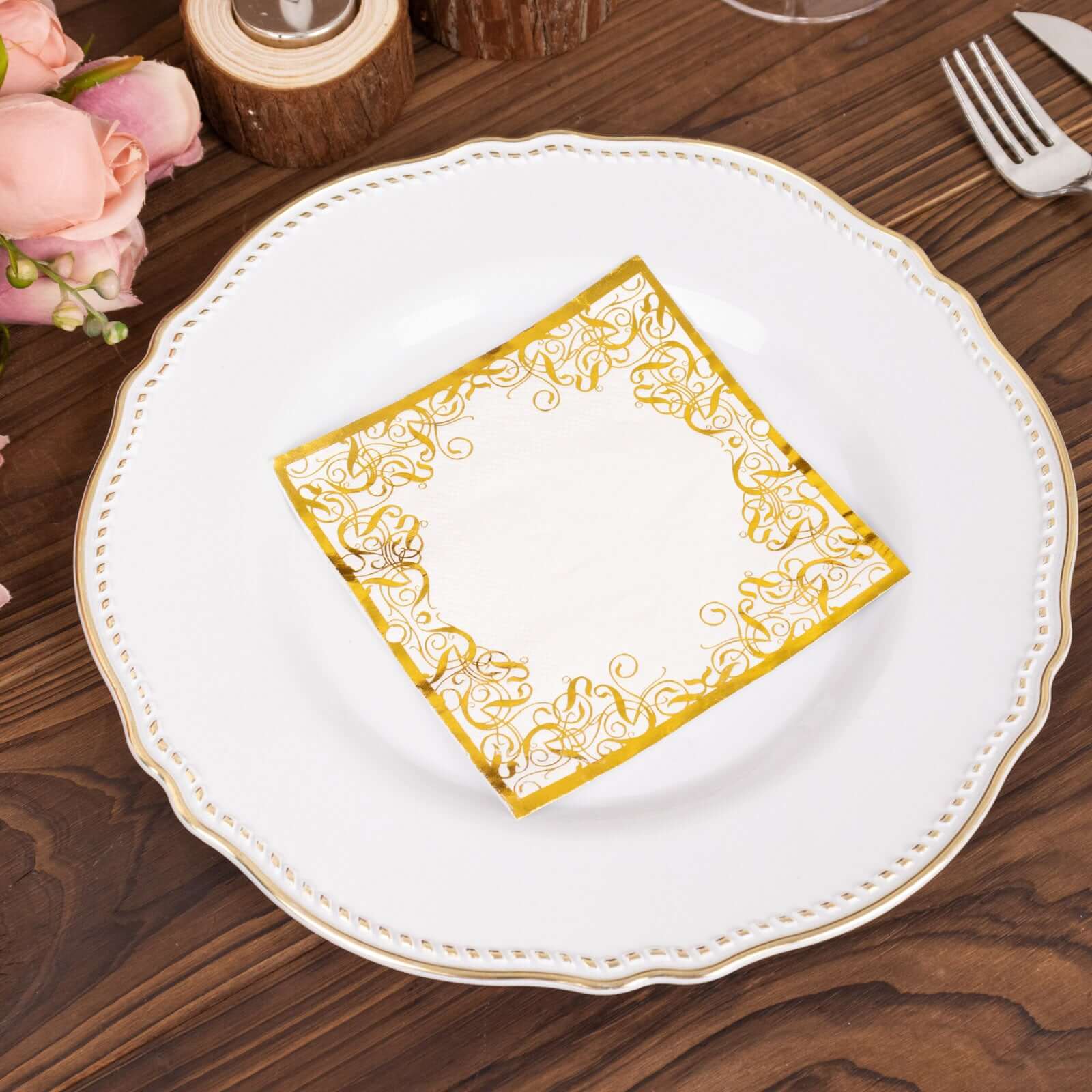 20-Pack Paper Beverage Napkins with Gold Foil Lace Design White - 3 Ply Disposable 18GSM European Style Cocktail Napkins 5x5