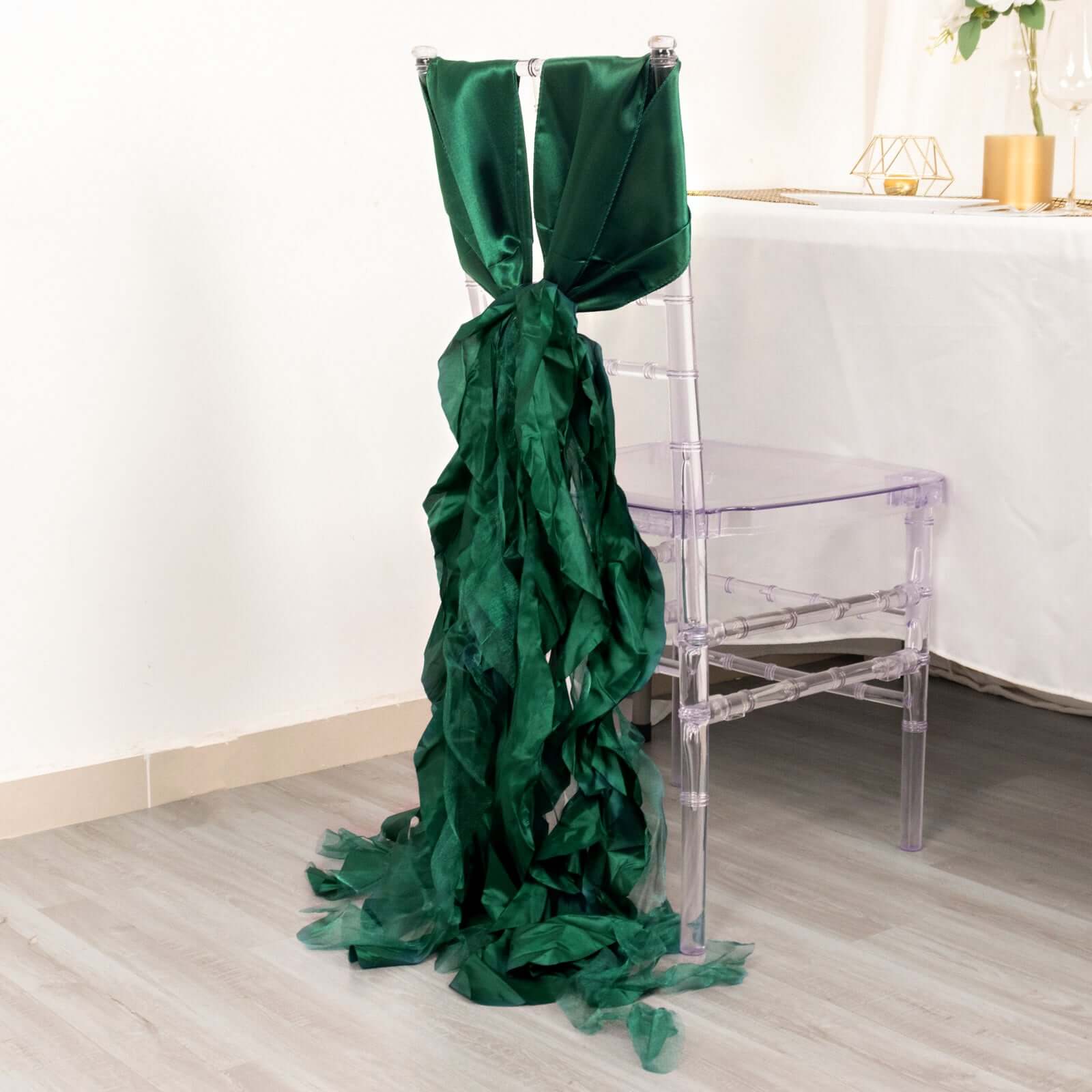 5 Pack Chiffon Satin Chair Sashes Hunter Emerald Green - Easy to Install Ruffled Curly Willow