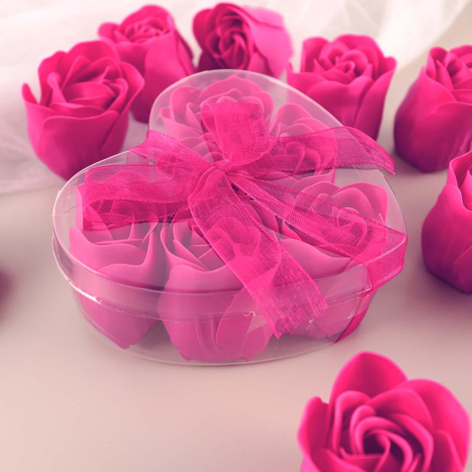 4 Pack 24 Pcs Fuchsia Scented Rose Soap Heart Shaped Party Favors With Gift Boxes And Ribbon