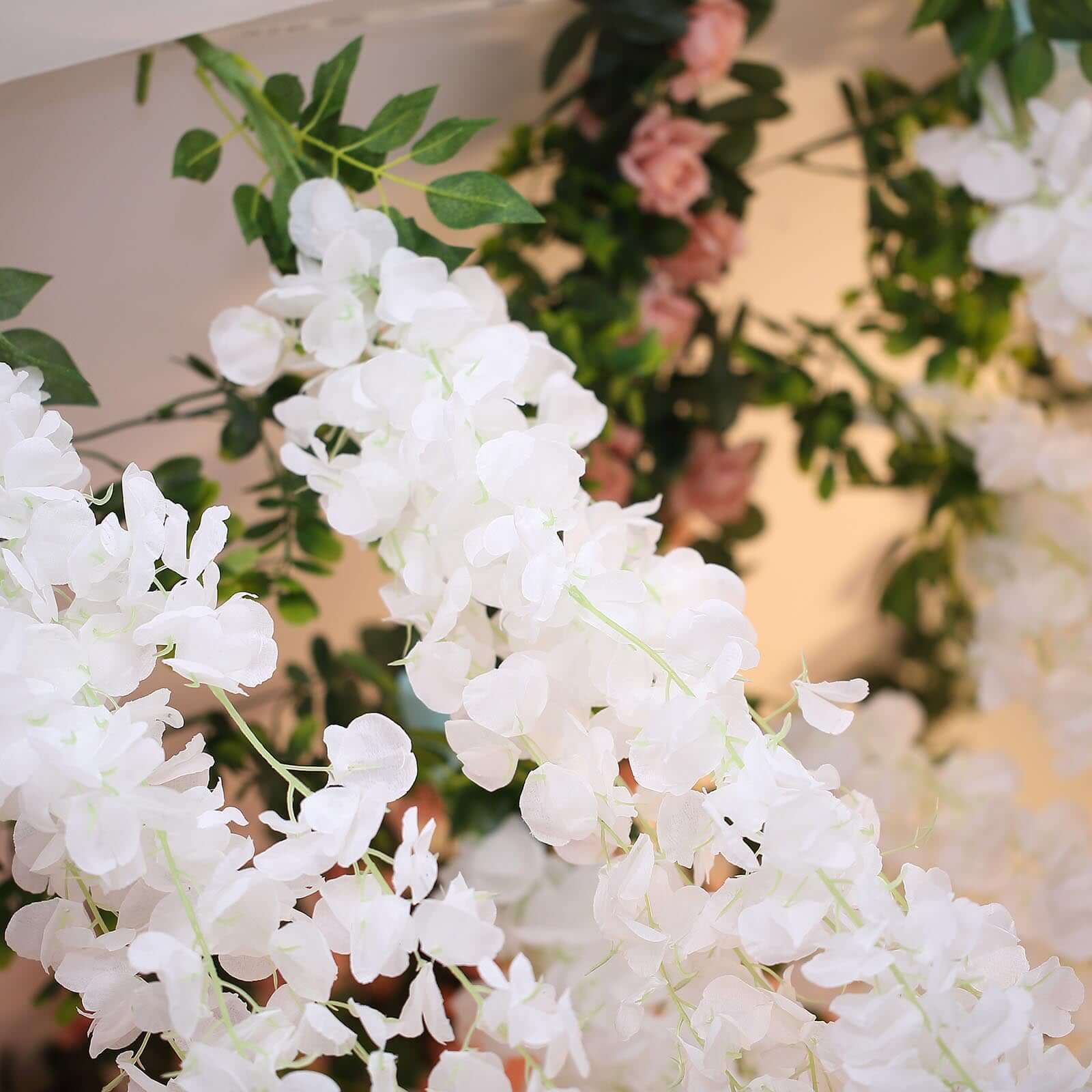 42 Silk Hanging Wisteria Flower Garland Vines in White, Elaborated 5 Full Strands in 1 Bush