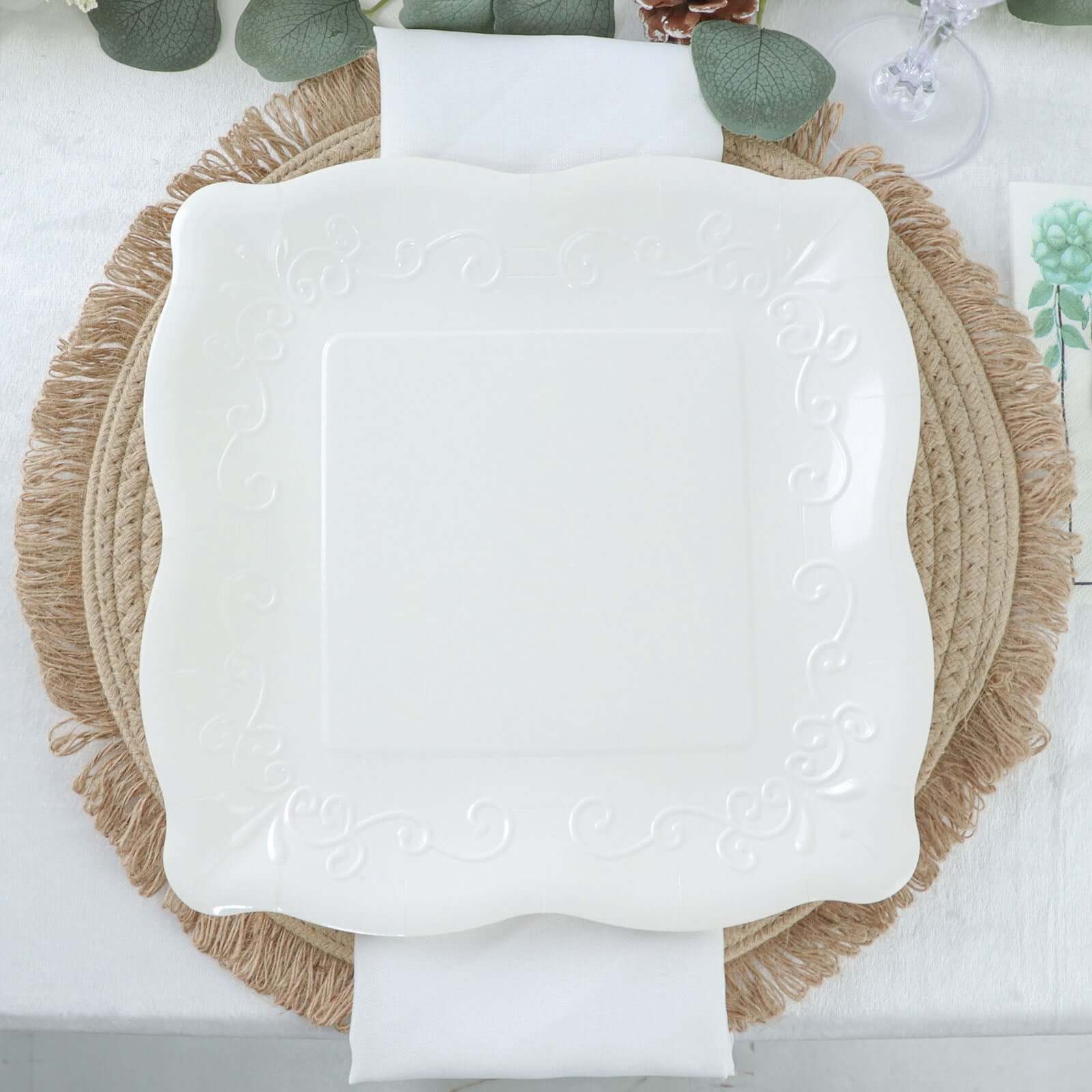 25-Pack Paper 11 Square Dinner Plates in White with Vintage Pottery Embossed Design - Shiny Disposable Serving Plates