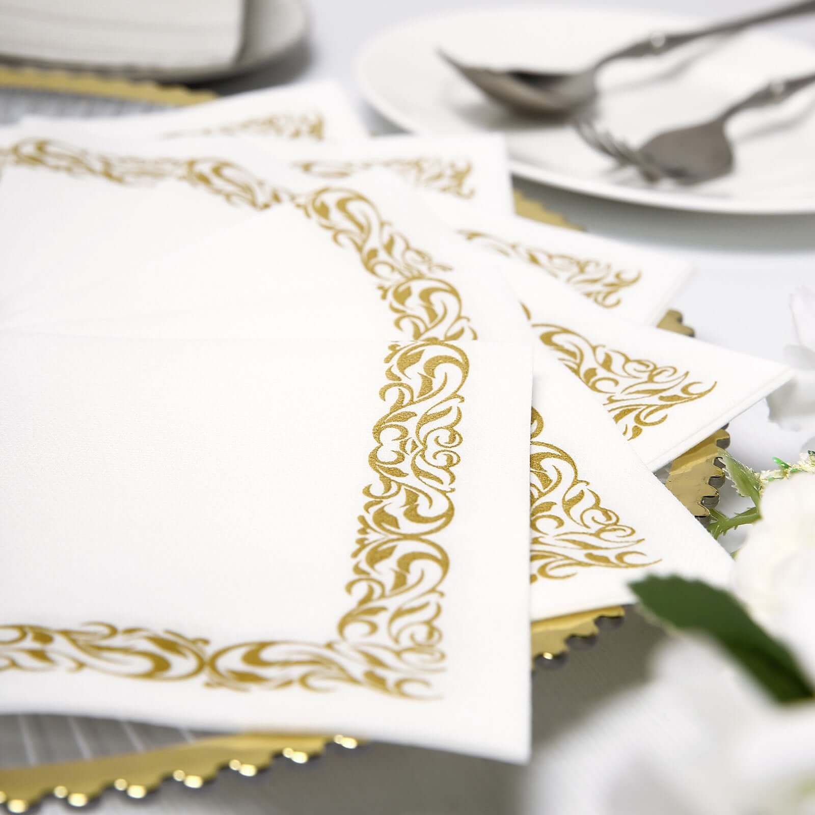 20 Pack Linen-Like Paper 5x5 Napkins White with Gold Scroll Floral Design - Soft & Absorbent Airlaid Party Napkins