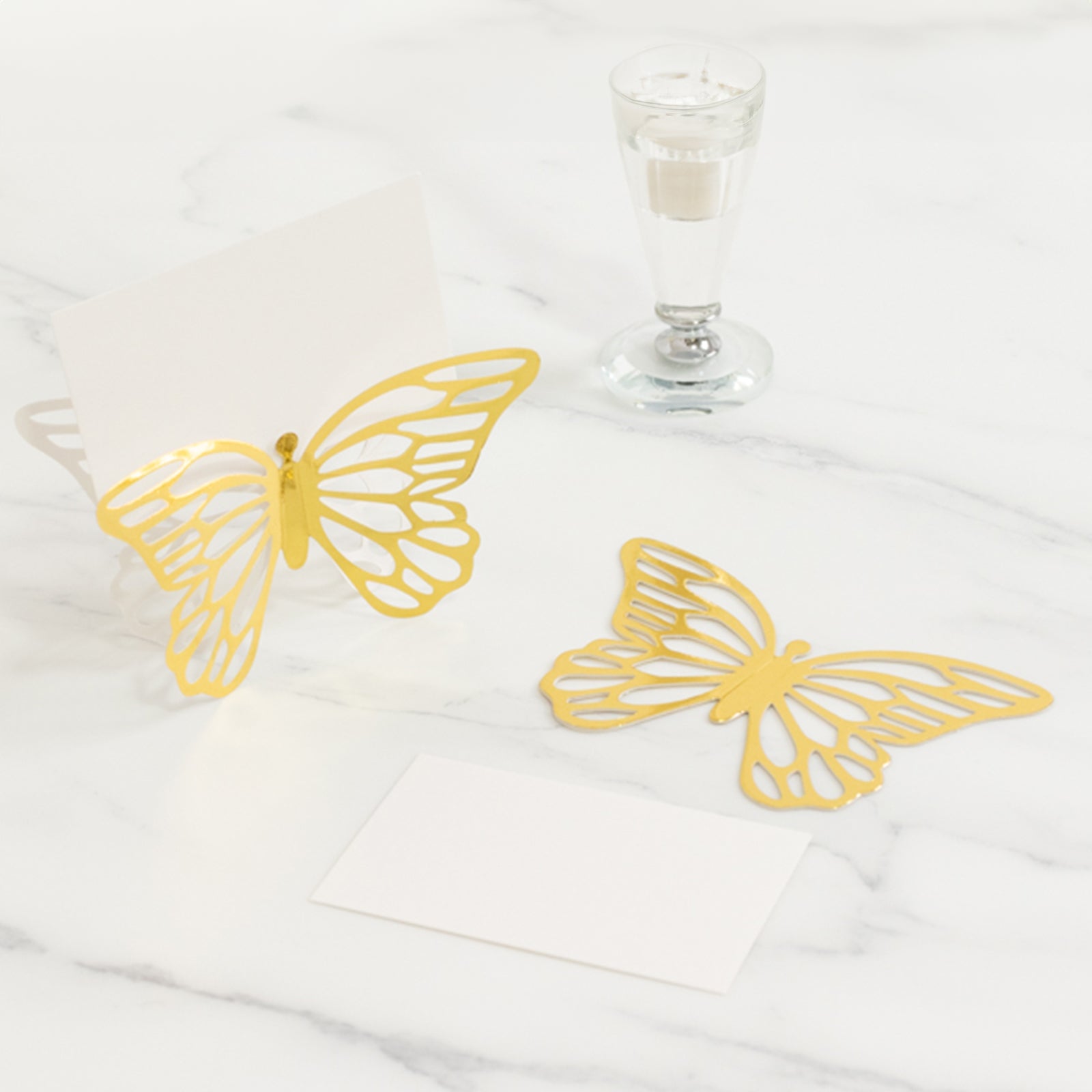 25-Pack Paper Butterfly Place Card Holders Gold with White Printable Cards - 3D Free Standing Table Number Stands 3x5