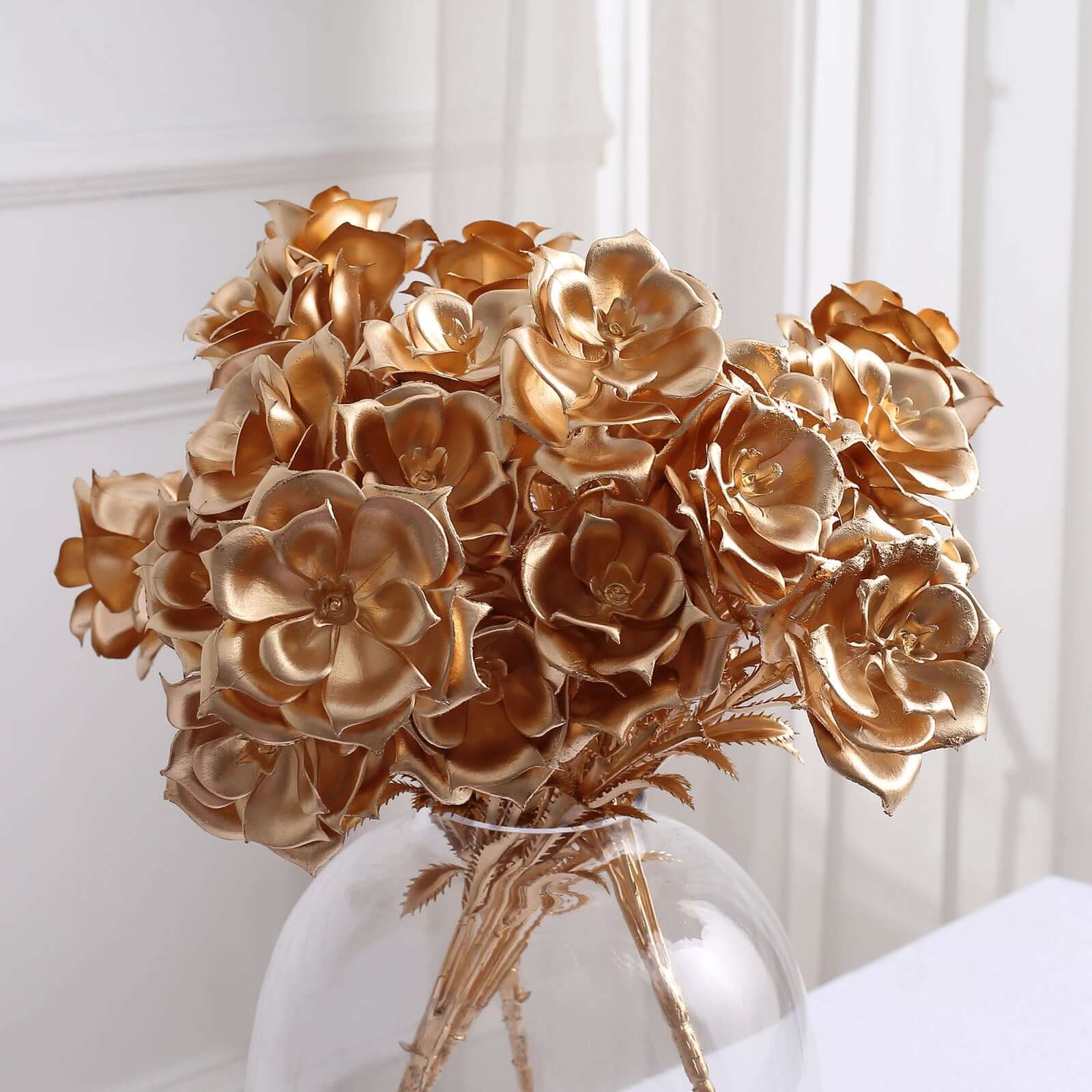 2-Pack Artificial Rose Bloomed Flower Bouquet Metallic Gold - Lustrous Faux Floral Arrangement for Seasonal Displays & Luxurious Decor Themes 17