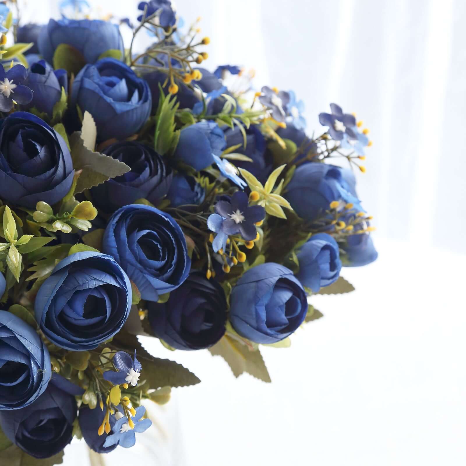 4 Pack 12 Artificial Navy Blue Ranunculus Silk Flower Bridal Bouquets, Faux Buttercup Floral Arrangement
